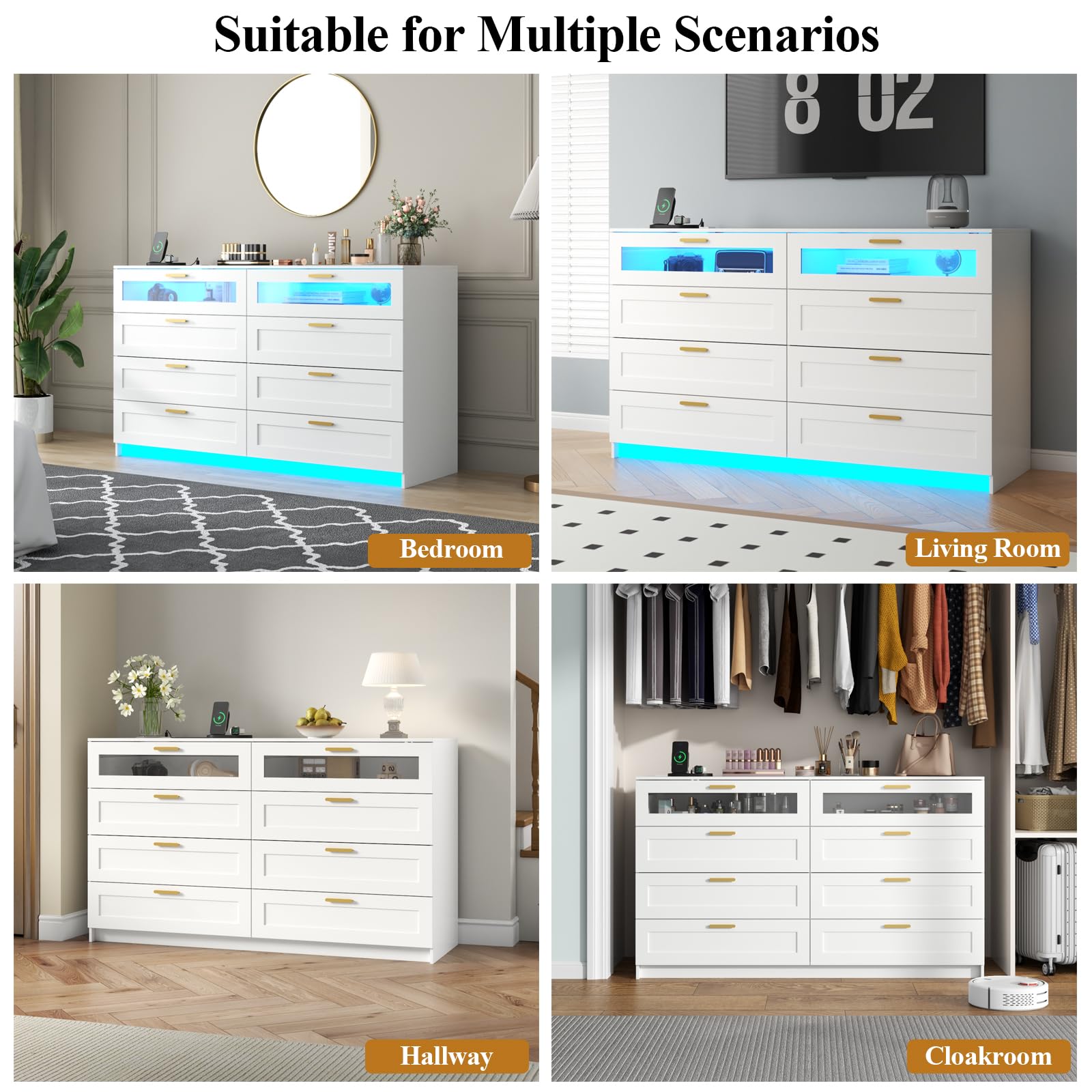 8-Drawer Dresser with LED Lights & Charging Station