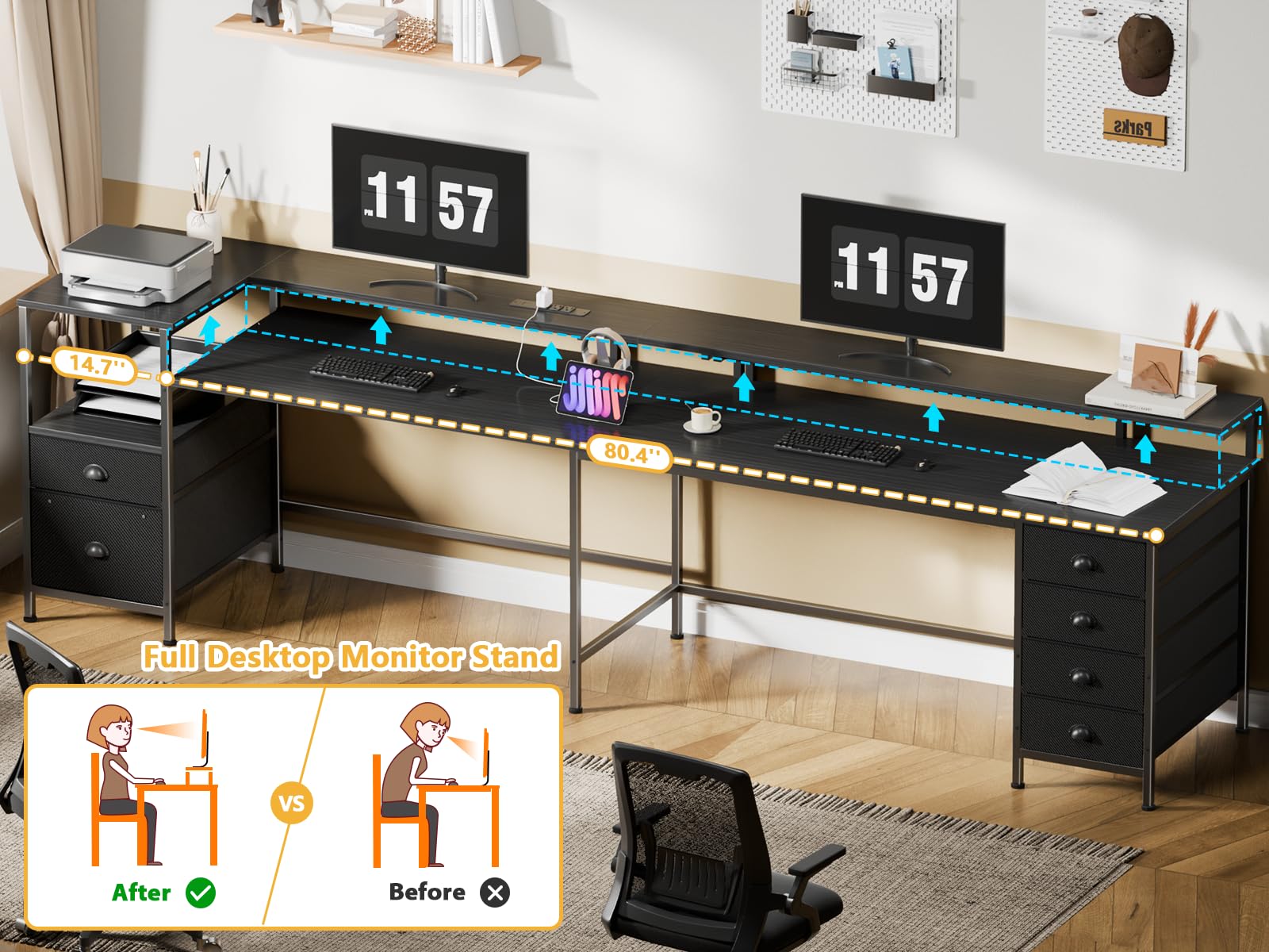 95" Two-Person Gaming & Office Desk with LED Lights, Power Outlets & Storage