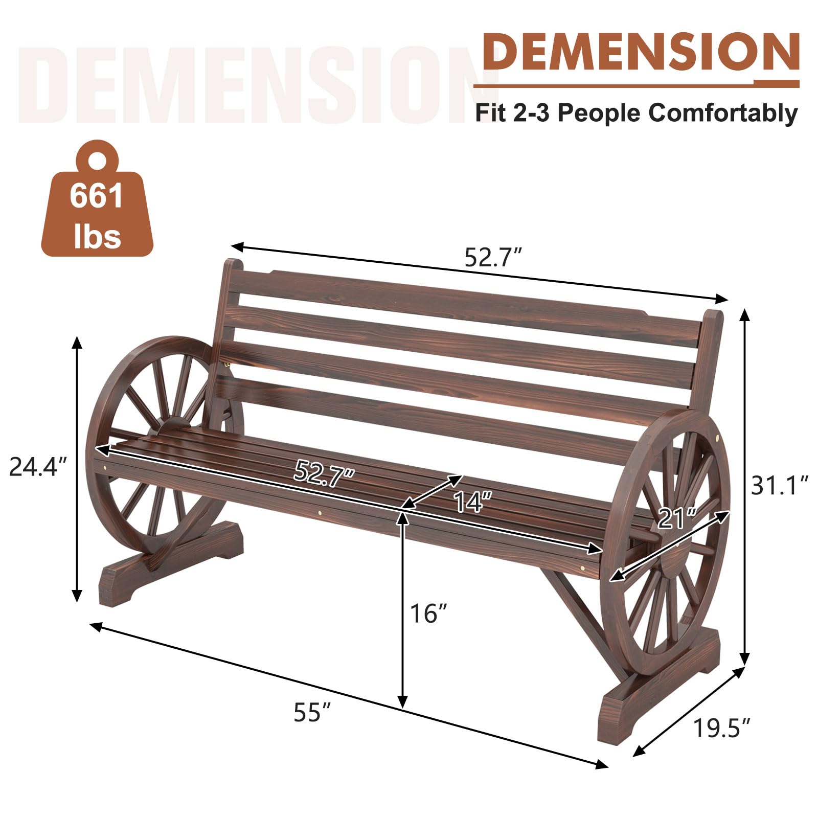 Outdoor Wooden Wagon Bench with Wheel Armrest