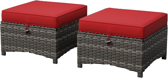 Outdoor Wicker Ottoman Set of 2 with Cushion