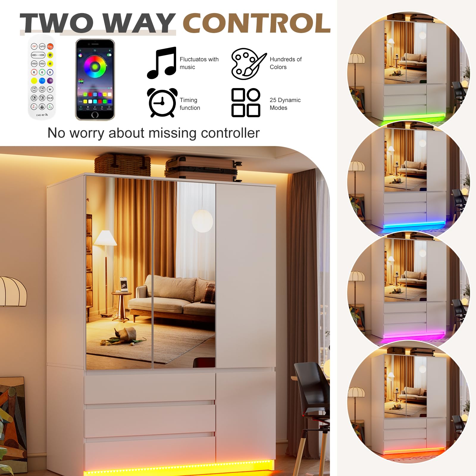 PAKASEPT 3 Doors Armoire Wardrobe Closet with Mirror & Lights, 72.83" H Wooden Bedroom Armoires with 3 Drawers, Hanging Rod & Shelves, Clothing Storage Cabinet for Bedroom
