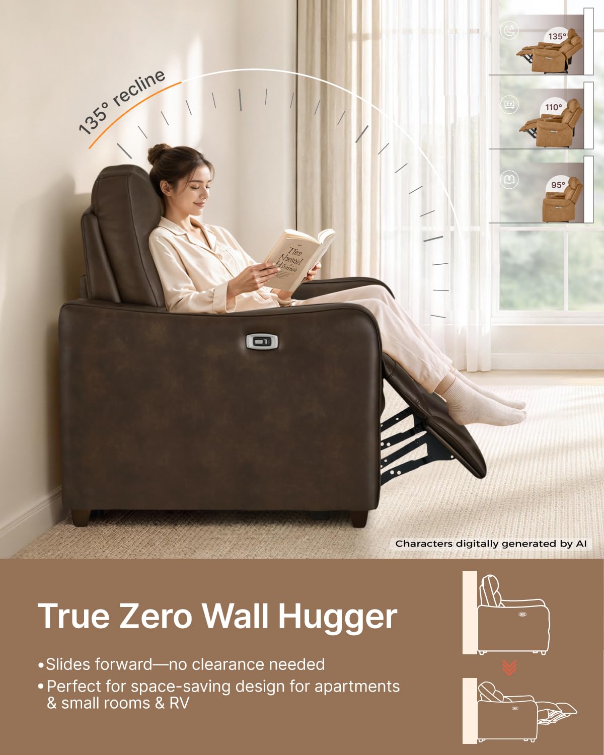 KISLOT Zero Wall Hugger Recliner Chair, Power Reclining Armchair, Espresso