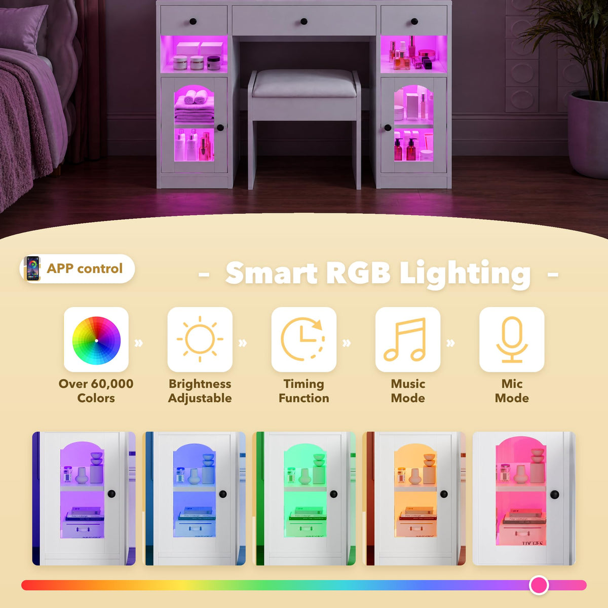 White Glass Top LED Makeup Vanity