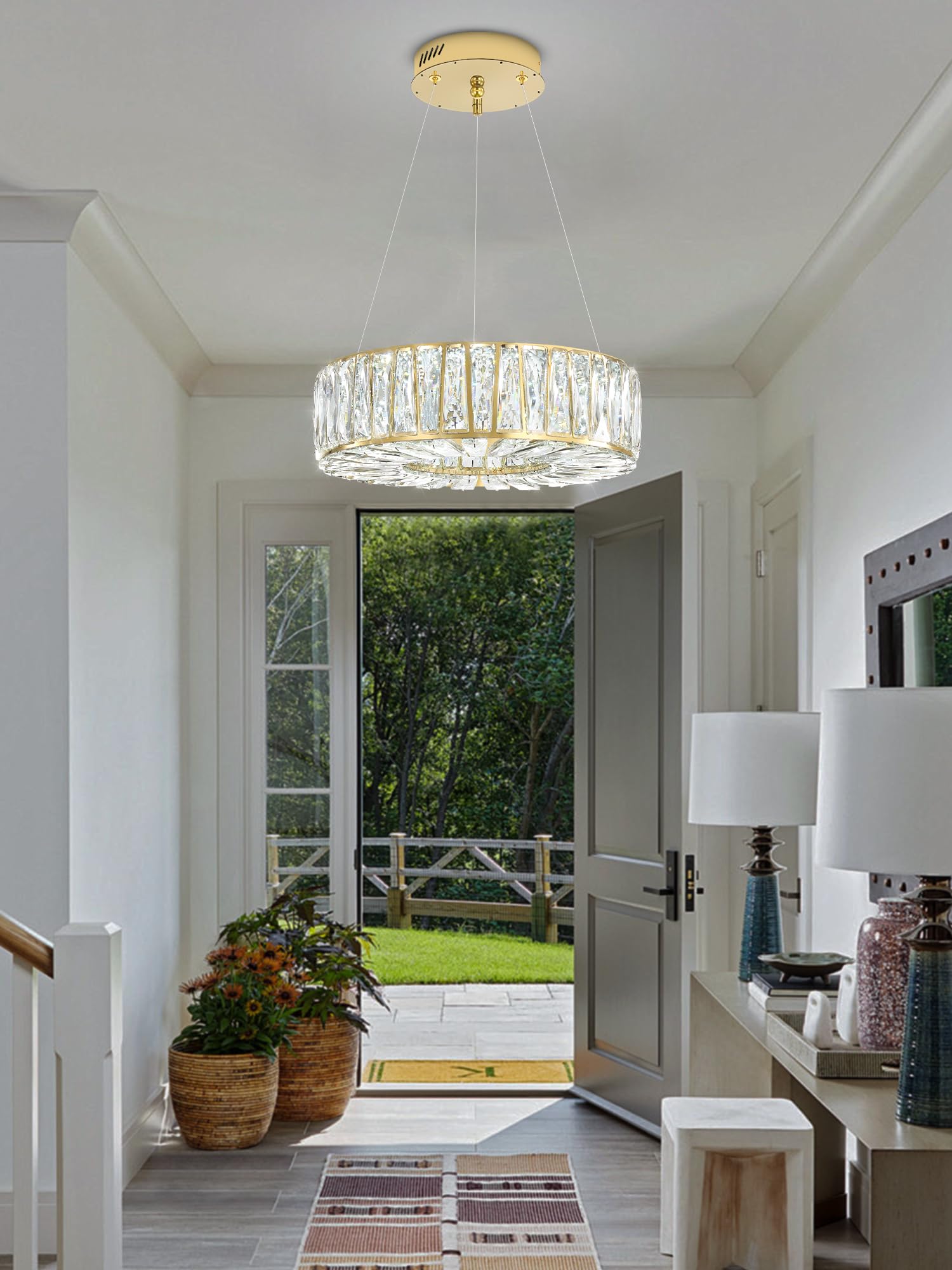 WOSOHYUN 16in Gold Ring Crystal Chandeliers for Dining Room Modern LED Dimmable Ring Pendant Light Chandelier for Living Room Bedroom