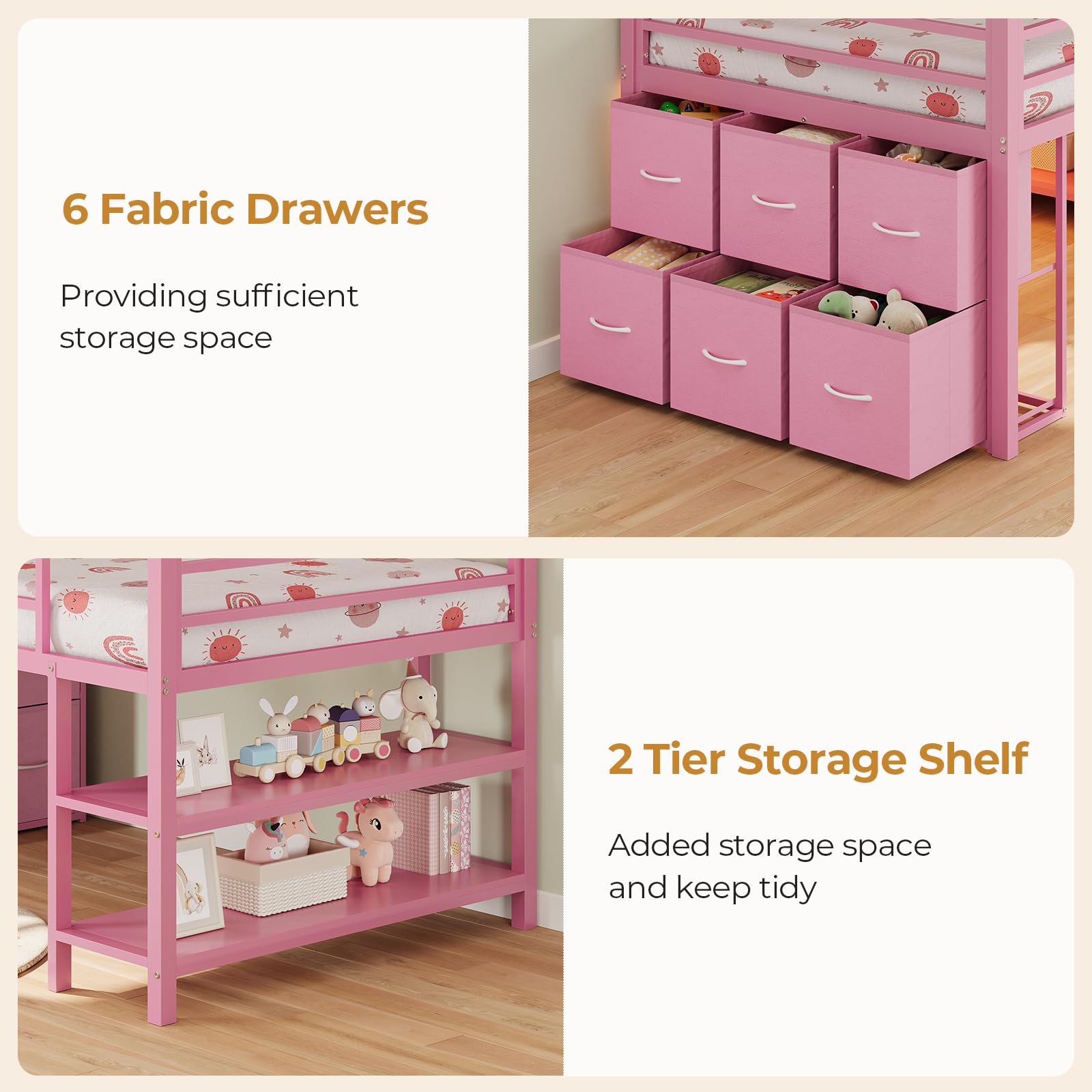 Kids Twin Low Loft Bed with LED Lights & Storage