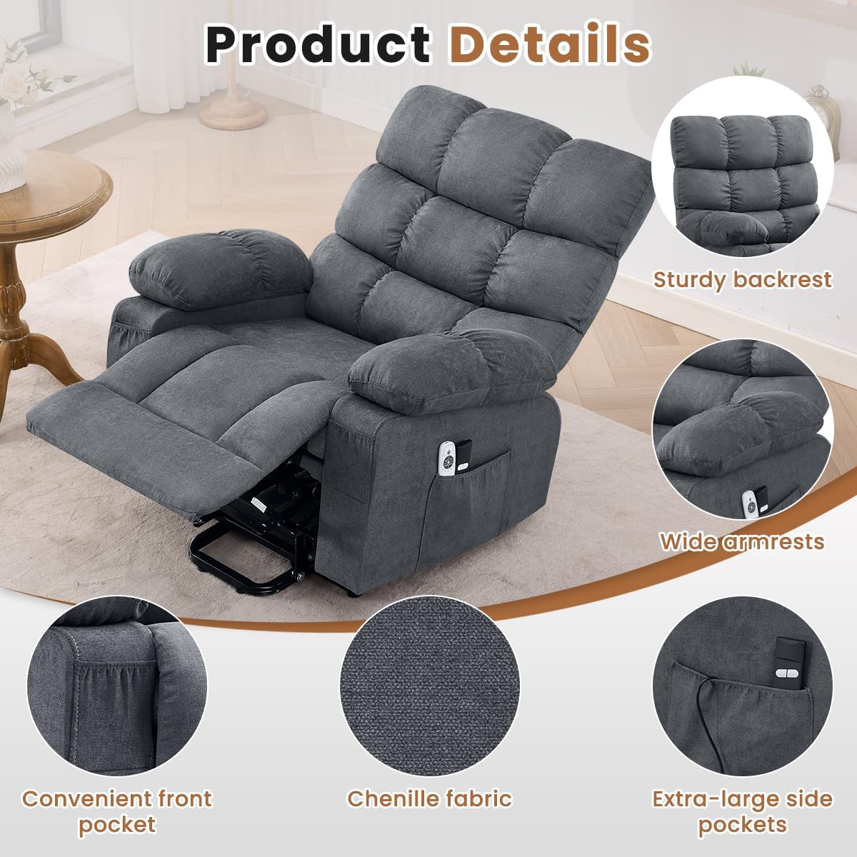 BOSMILLER Electric Power Lift Recliner Chair Sofa with Massage and Heat for Elderly,Lift Chair with Cup Holders Side Pockets for Living Room