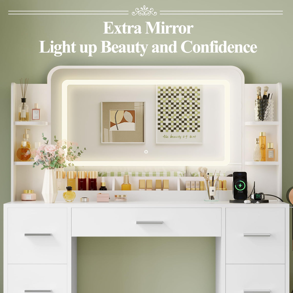 JUMMICO Makeup Vanity Desk with Large Mirror and LED Lights, Vanity with Power Strip and Hairdryer Holder, 6 Open Shelves and 7 Drawers Modern Dressing Table, for Bedroom (White)