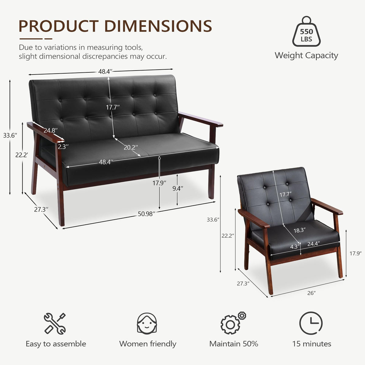 JIASTING Wooden Loveseat Sofa and Accent Chair Set of 2, Office