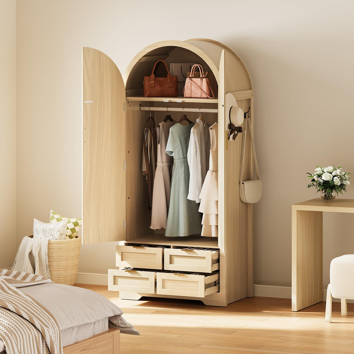Arched Rattan Wardrobe with Drawers