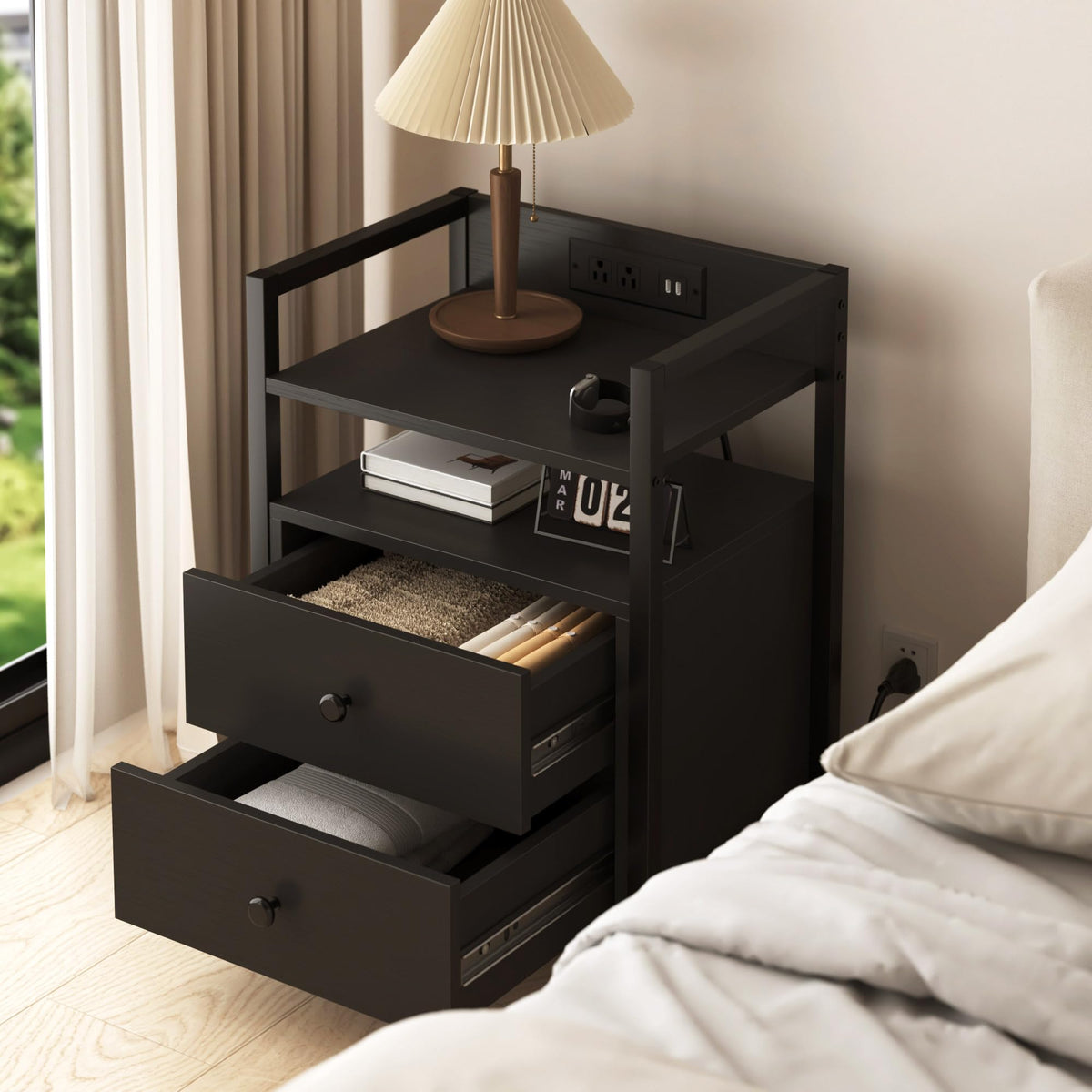 Black Nightstands with Charging Station, Set of 2