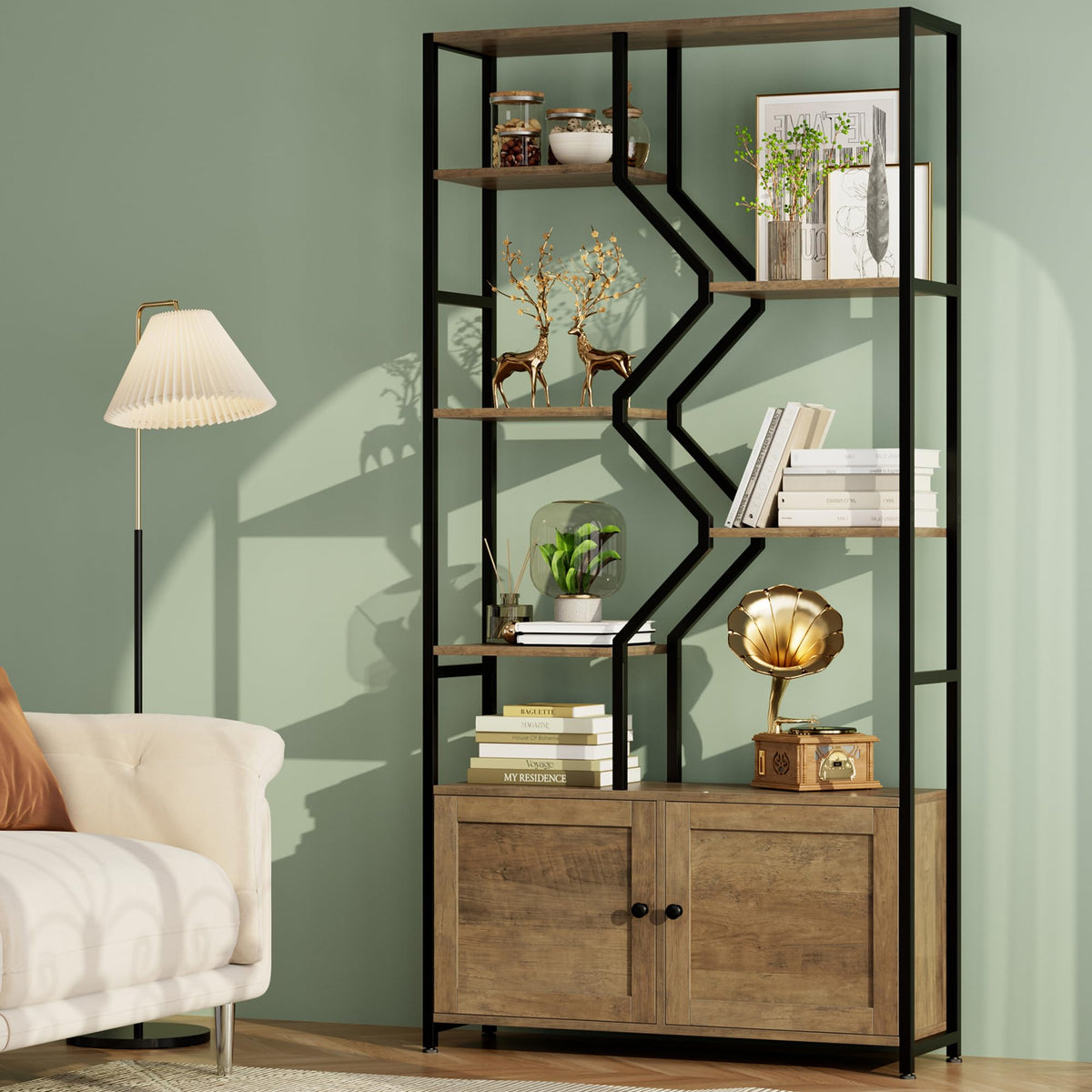 6-Tier Industrial Bookcase with Cabinets