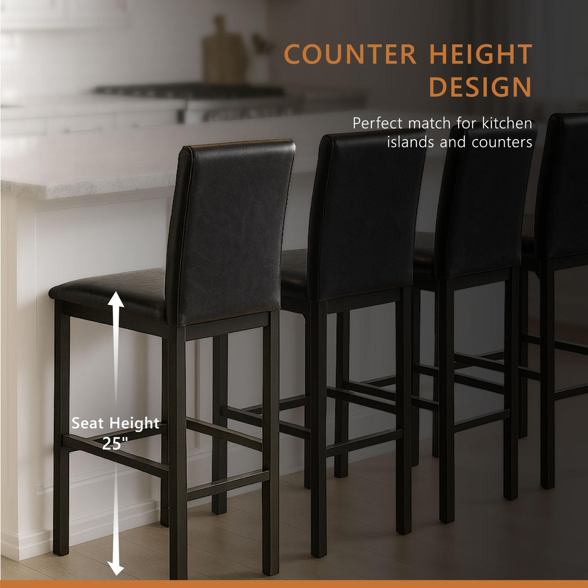 Lexicon Brown Faux Leather Counter Height Chairs, Set of 4, Black Metal