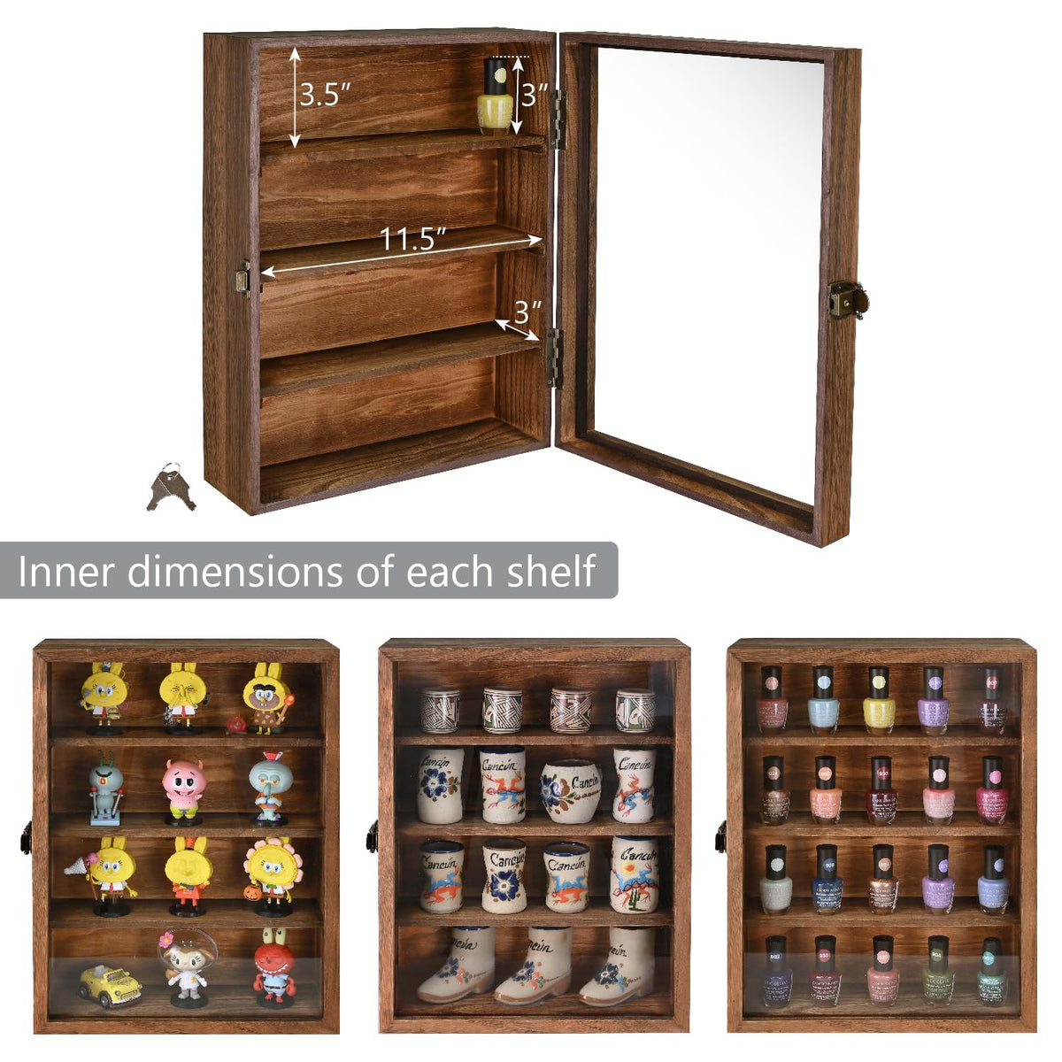 Wall-Mounted Wood Display Case with Glass Door and Lock