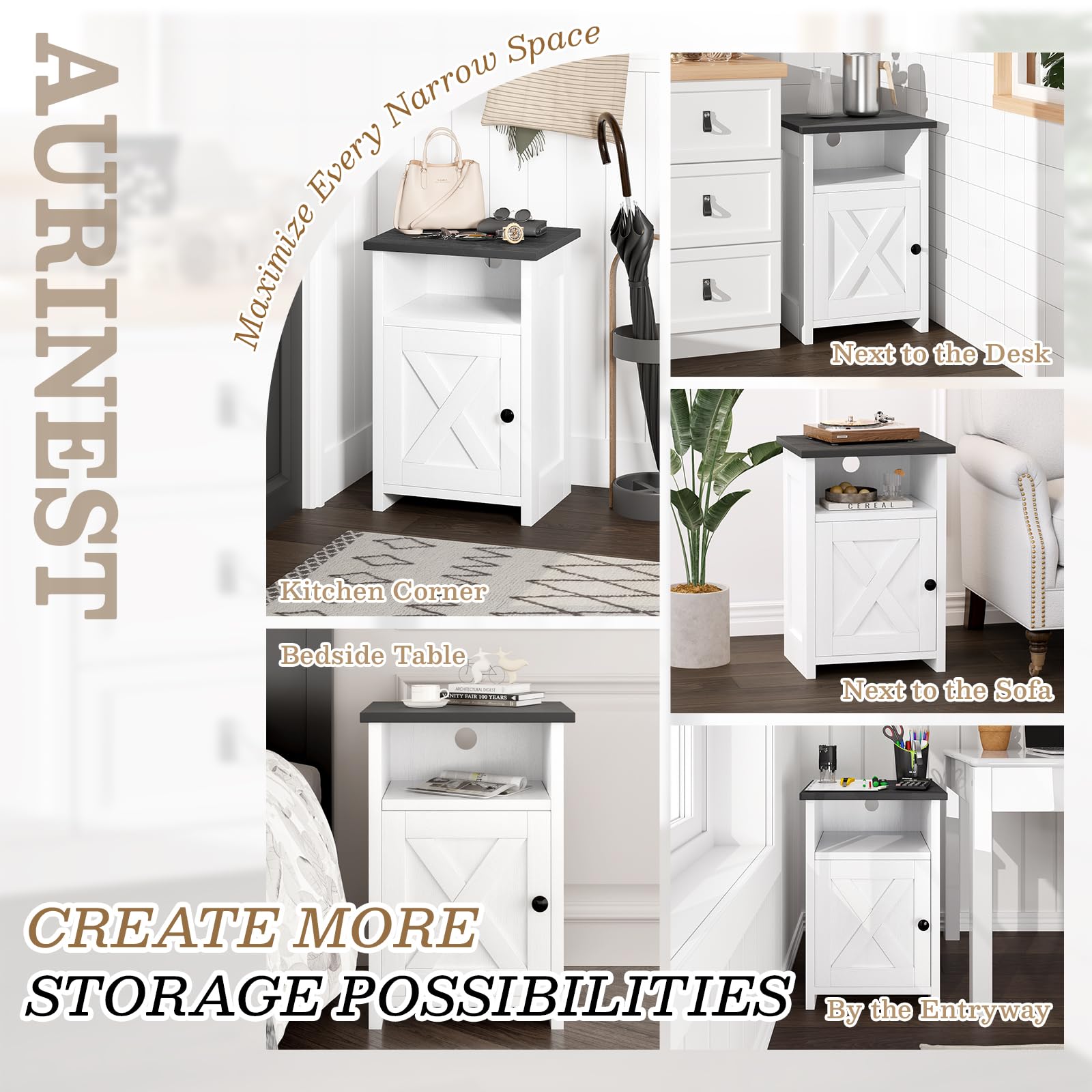 AURINEST Farmhouse End Table Set of 2 w/Charging Station, Nightstands w/Barn Door&Storage Shelf, Rustic Bedside Table for Living Room, Bedroom, Entryway, Office, Small Spaces, White