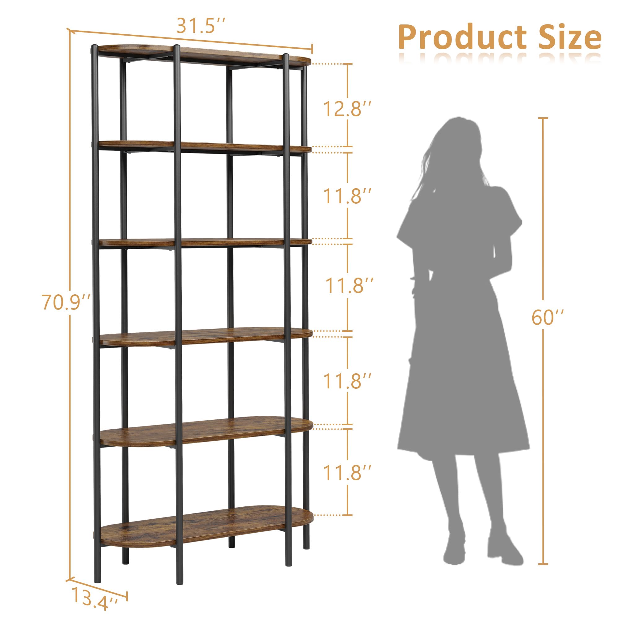 6-Tier Industrial Bookshelf with Metal Frame
