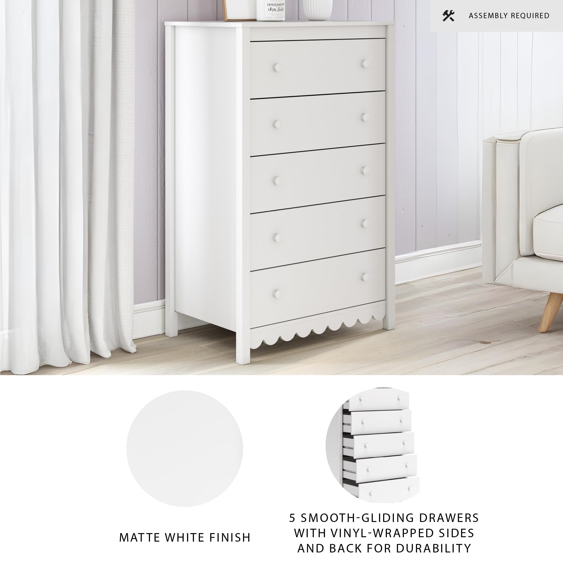 Signature Design by Ashley Hallityn Casual Coastal Chest with Five Smooth-Gliding Drawers, Meets ASTM International Safety Standards, Matte White Finish