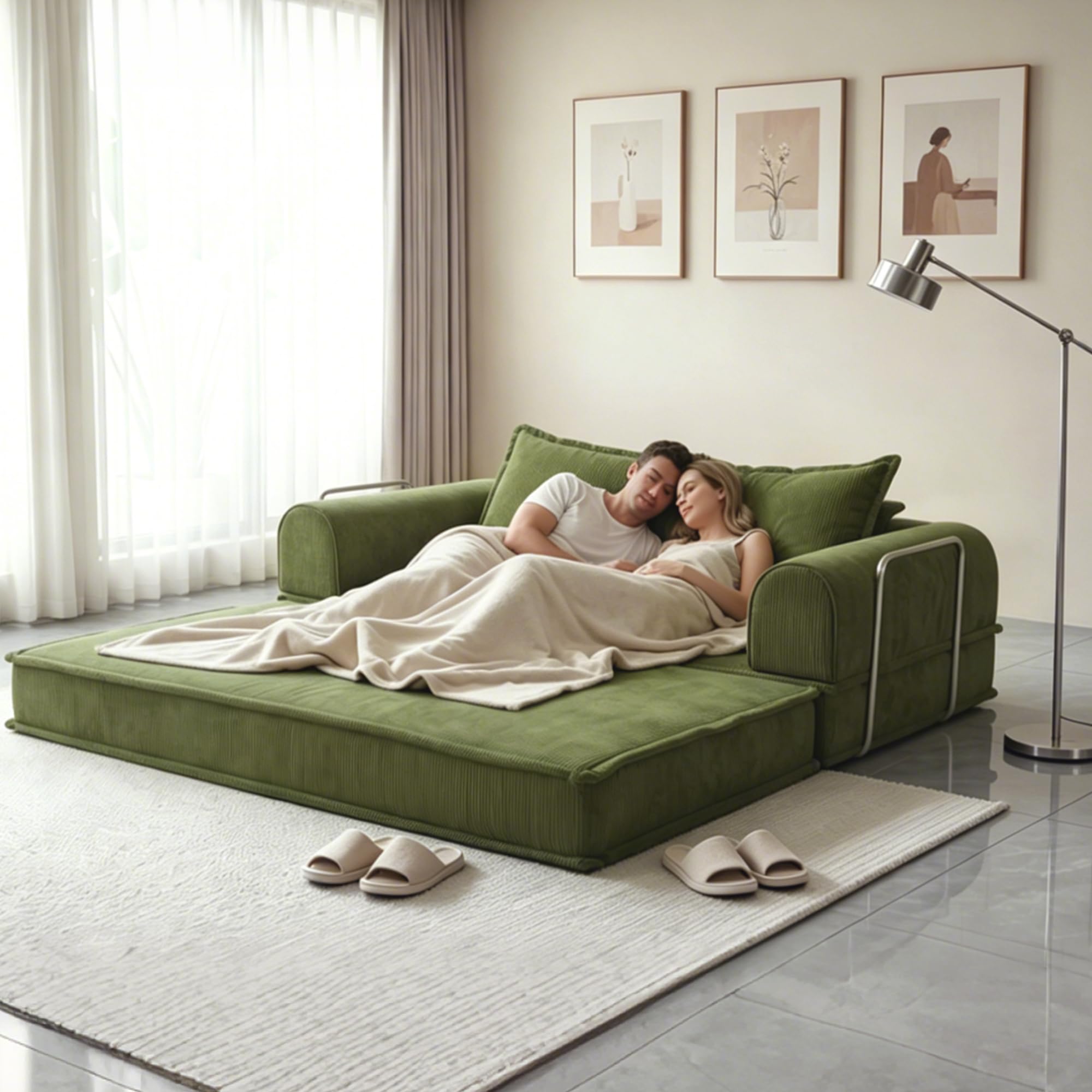 79" Futon Sofa Bed, Convertible Sofa Bed with Fixed-Shape Frame, 5-in-1 Cloud Boneless Couch with Corduroy Cover, Compressed Sleeper Sofa Bed in a Box, Boneless Loveseat Daybed for Living Room Green