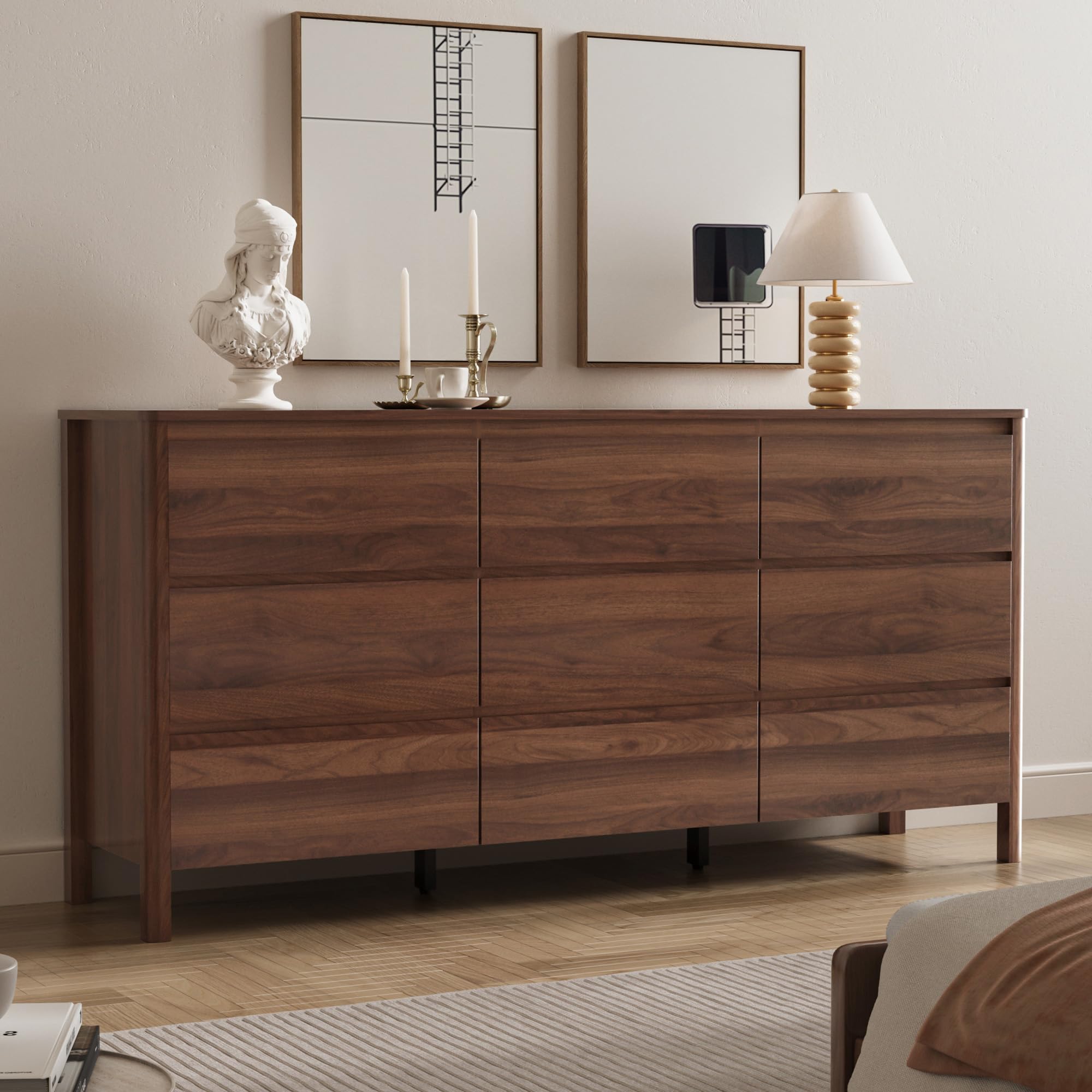 MAISONARIA Walnut 9 Drawer Dresser for Bedroom, 63" Modern Dresser with Hidden Handles, Space-Saving Wooden Drawer Organizer, Living Room, or Hallway, Vertical Storage Chest of Drawers