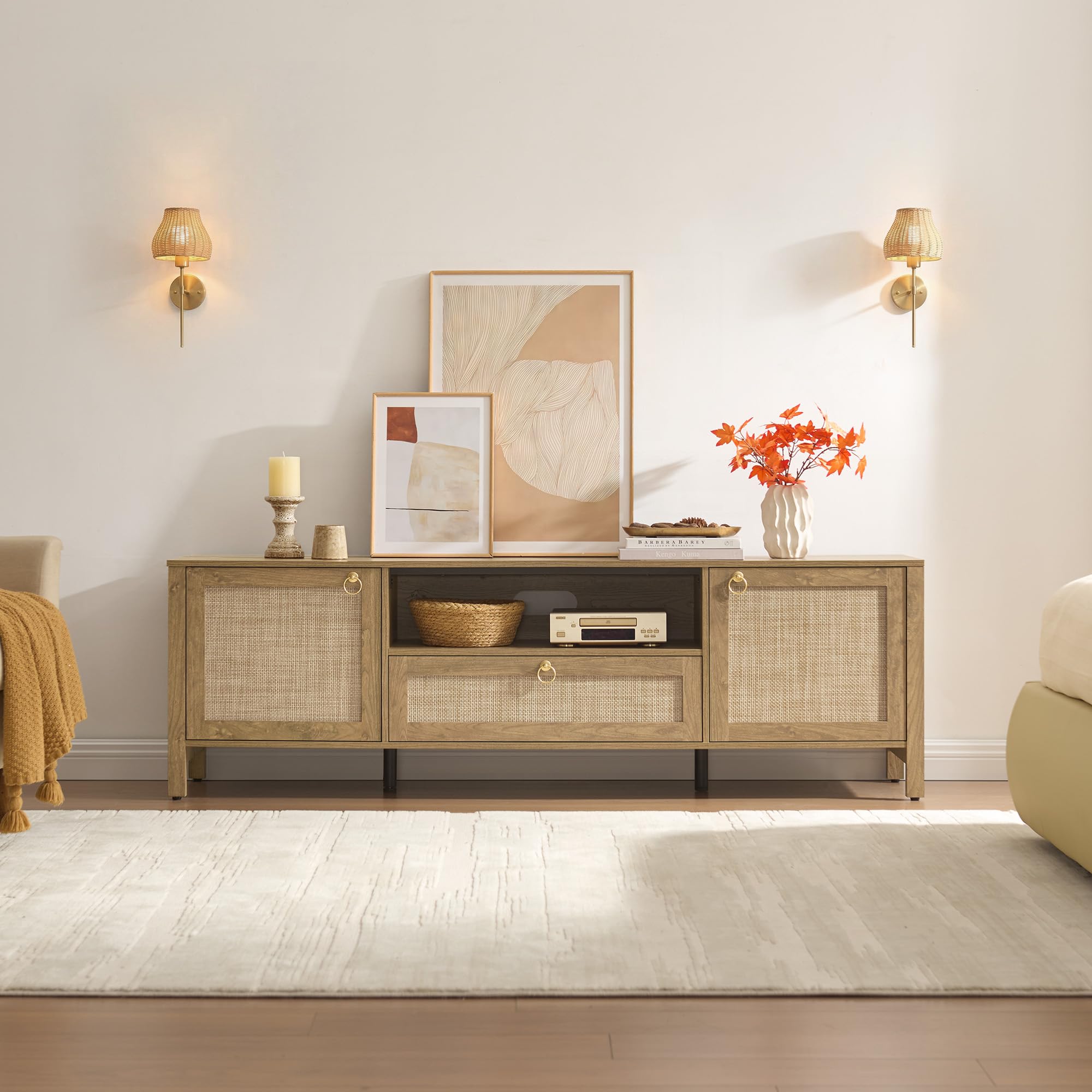 69" Rattan TV Stand with Drawer & Adjustable Shelves