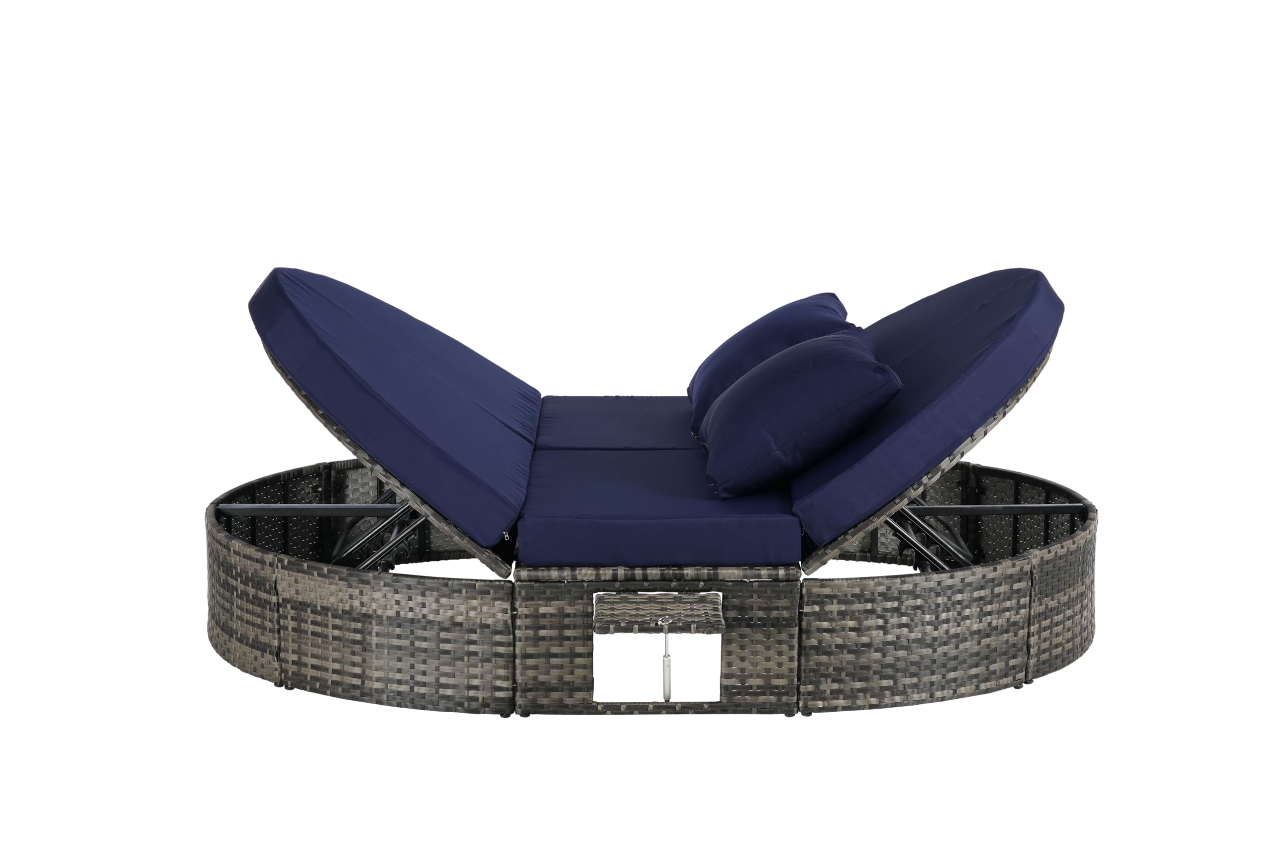SOFTSEA Outdoor Daybed with Adjustable Backrest, Patio Oval Wicker Sun Bed with Foldable Cup Trays, Rattan Reclining Chaise Lounge with Cushion and Pillows for Lawn, Poolside, Dark Blue