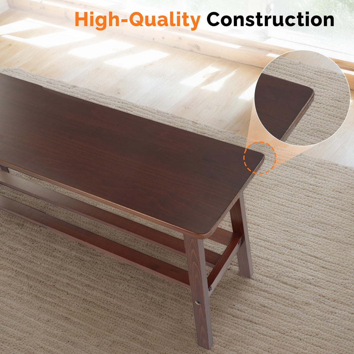VINGLI Wood Dining Bench with Lower Shelf, Farmhouse Entryway Bench, Walnut