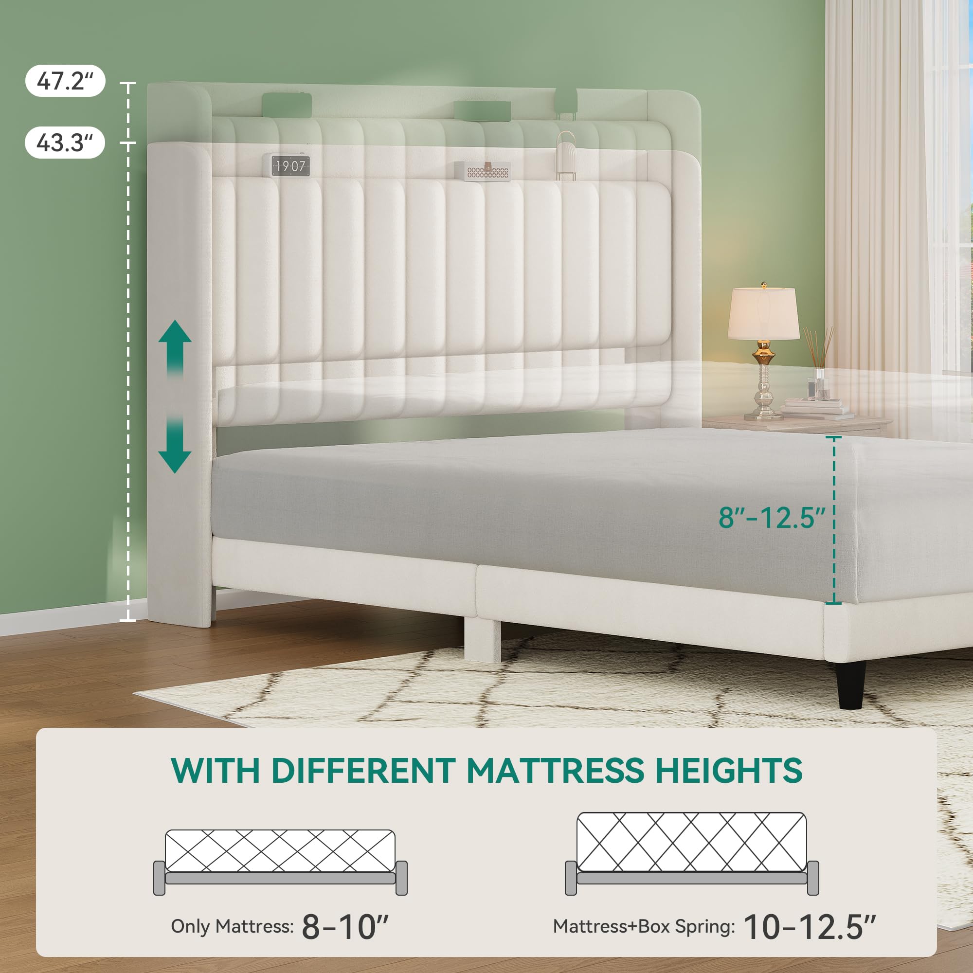 Queen LED Bed Frame with Adjustable Velvet Headboard