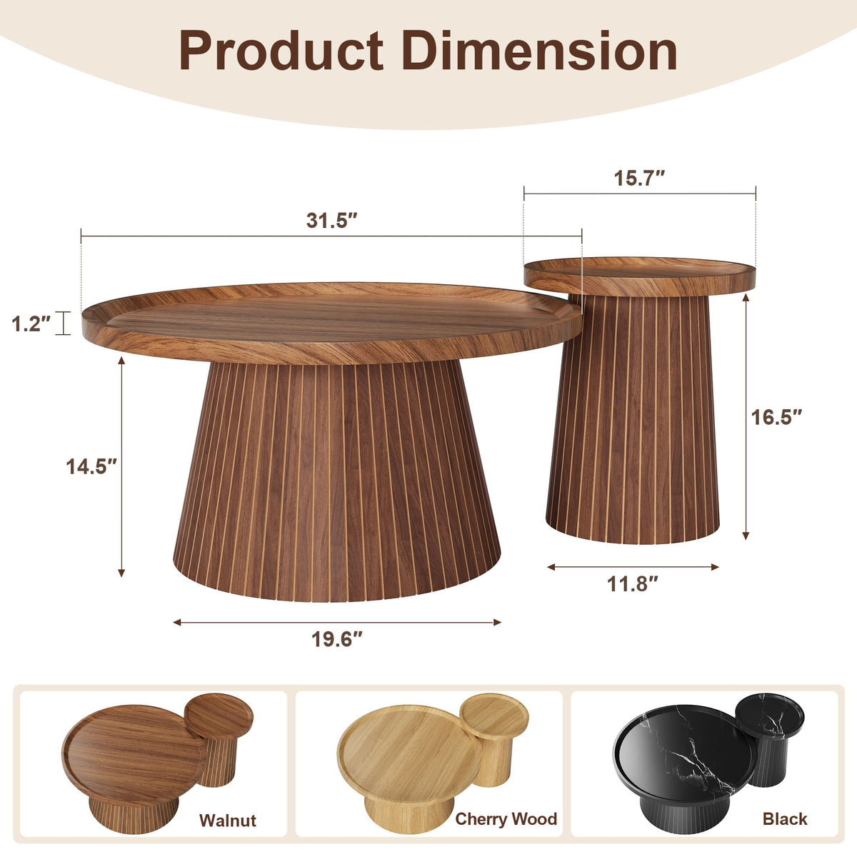 Zelurelle Nesting Coffee Table Set of 2, Circle Center Table Fluted Drum