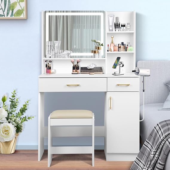 White Vanity Set with LED Mirror & Stool