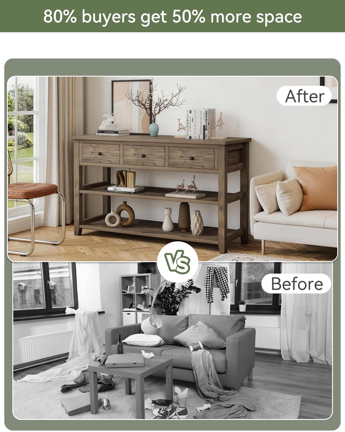 Console Table with 3 Drawers & 2-Tier Shelves