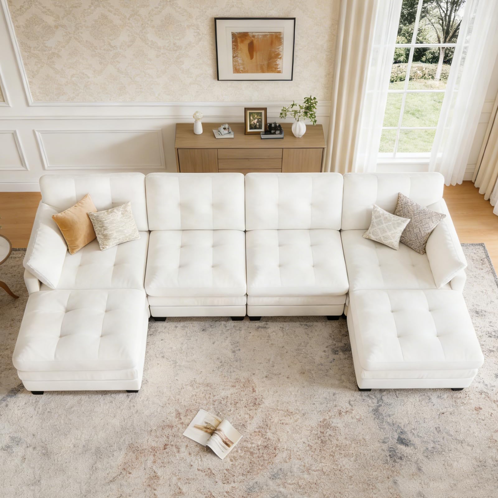Modular Sectional U Shaped Sofas Couches for Living Room, Tufted Cloud Couch with 2 Movable Ottomans, Comfy Chenille Deep Seat Sofa with Soft Pillows for Bedroom and Apartment, Beige