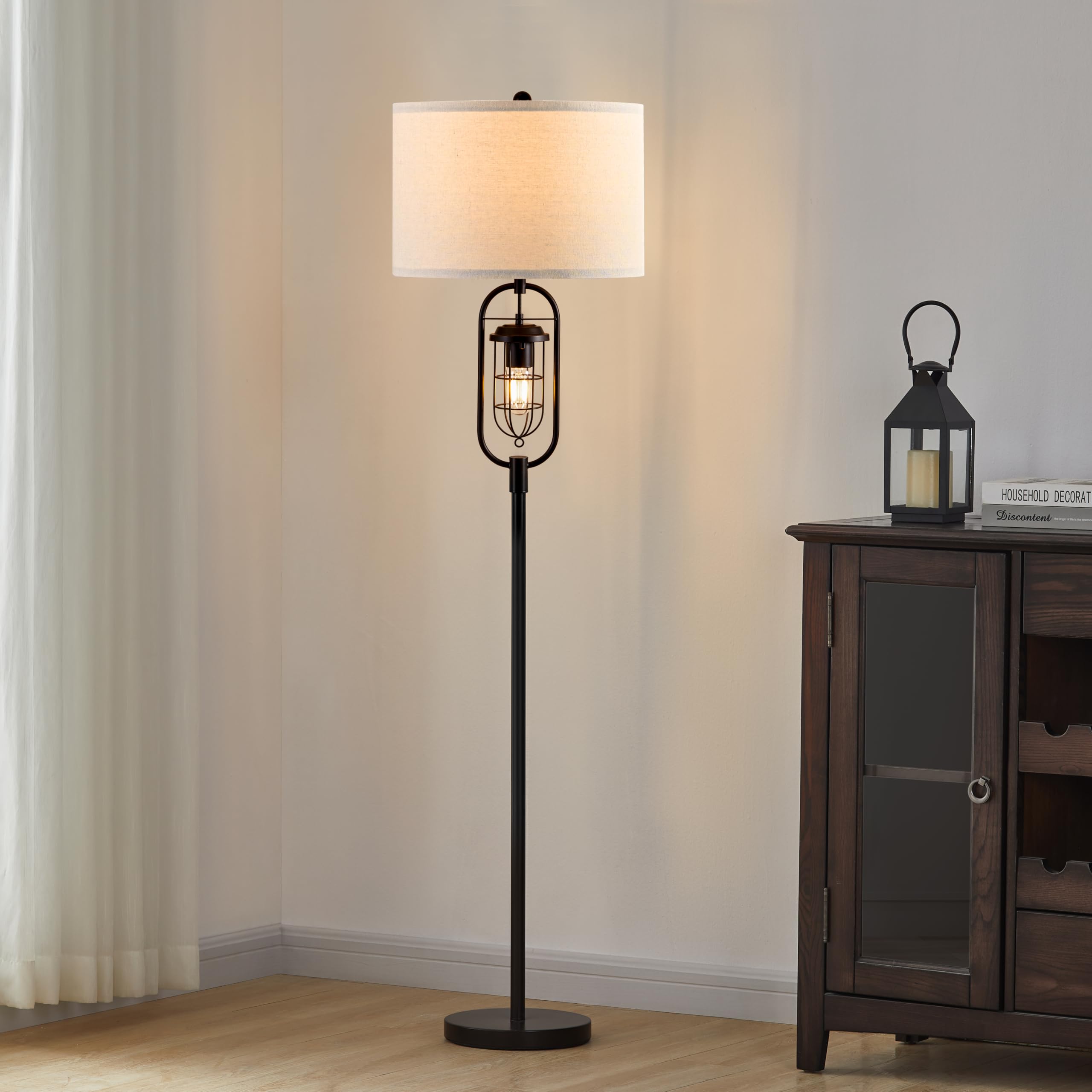 KAWOTl Farmhouse Floor Lamp with Night Light, 62.5’’ Industrial Bronze Standing Lamp for Living Room, Bedroom, Home Office, Rustic Lantern-Style (LED Bulbs Included)