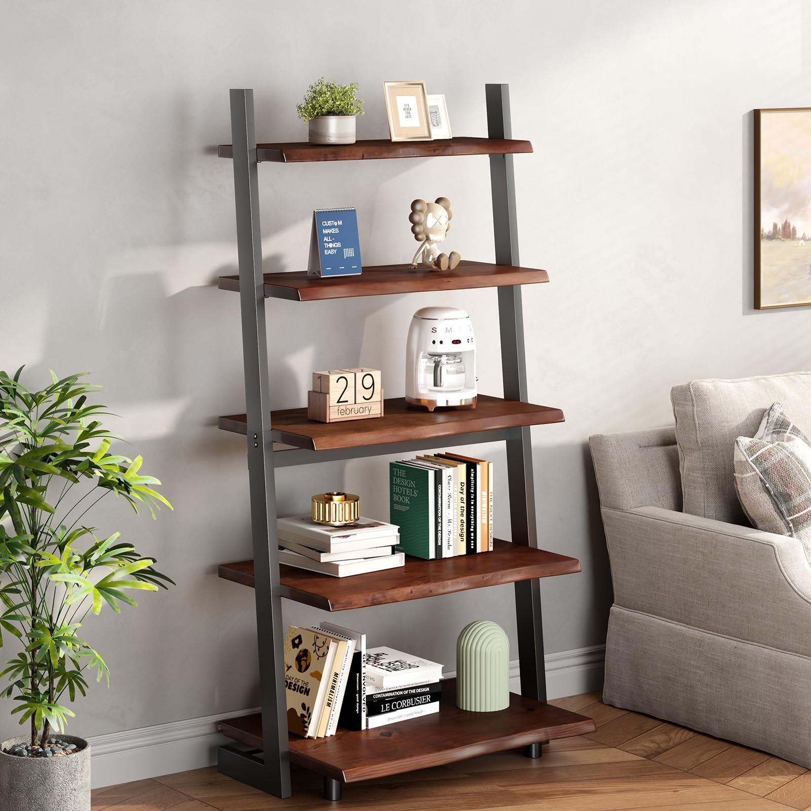 Solid Wood Ladder Bookshelf with Live Edge