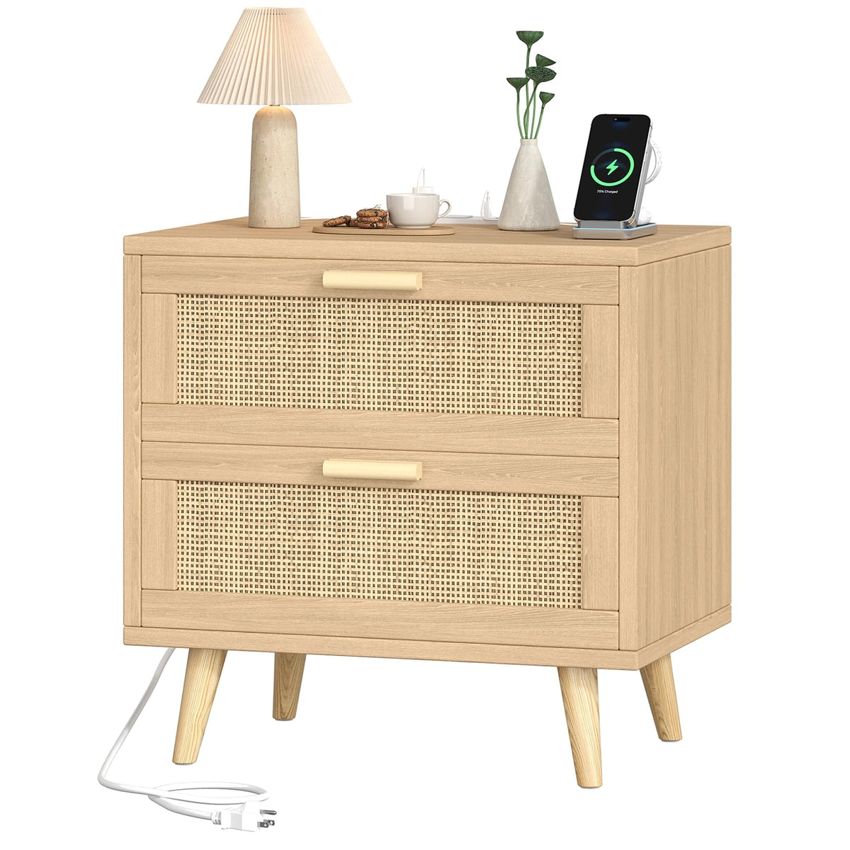 Rattan Nightstand with Charging Station