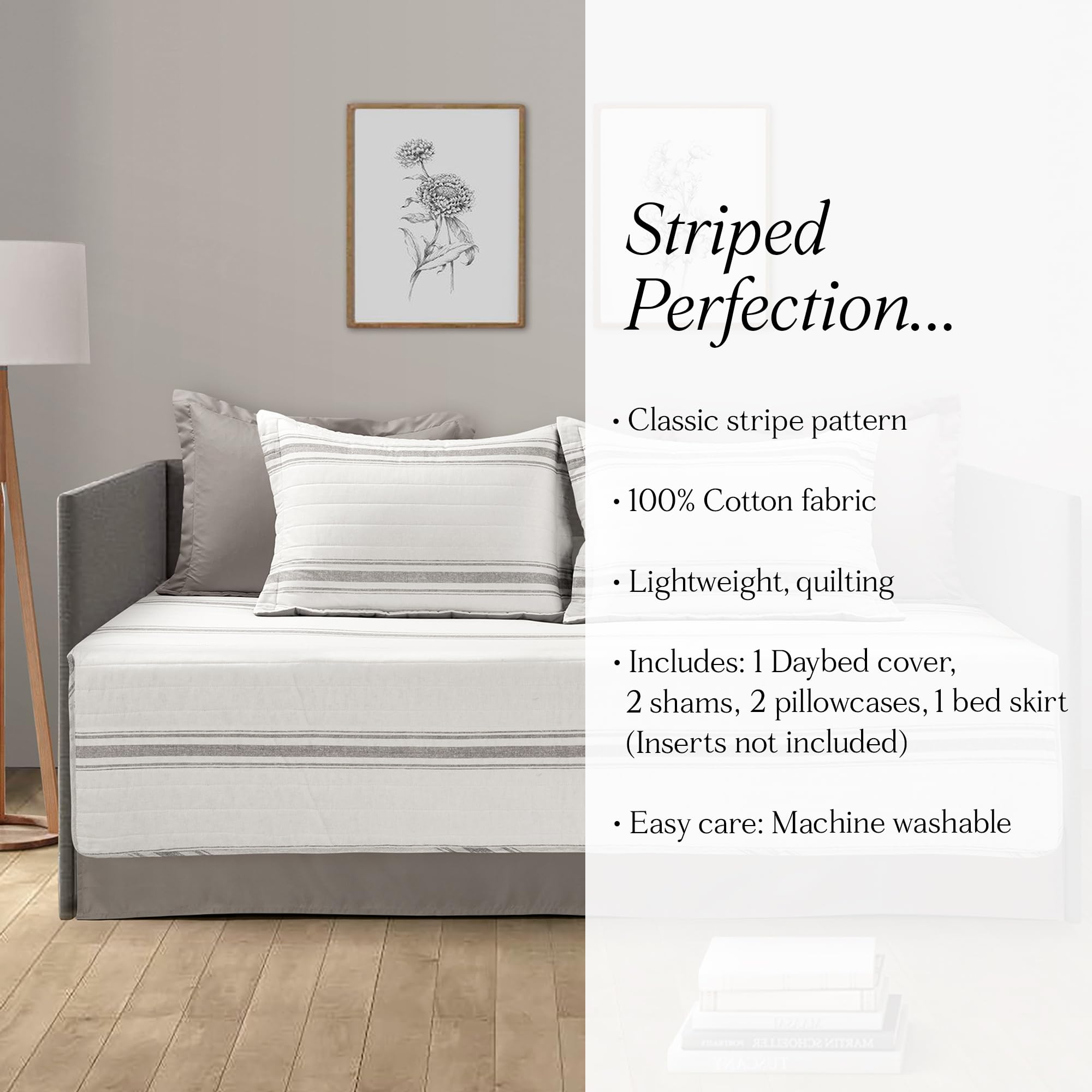 Lush Decor Farmhouse Stripe Cotton Daybed Cover Set, 6 Piece Set, 39" W x 75" L, Gray - Twin Daybed Bedding Sets - Rustic Decor - Striped Quilt - Modern Farmhouse Bedroom Decor