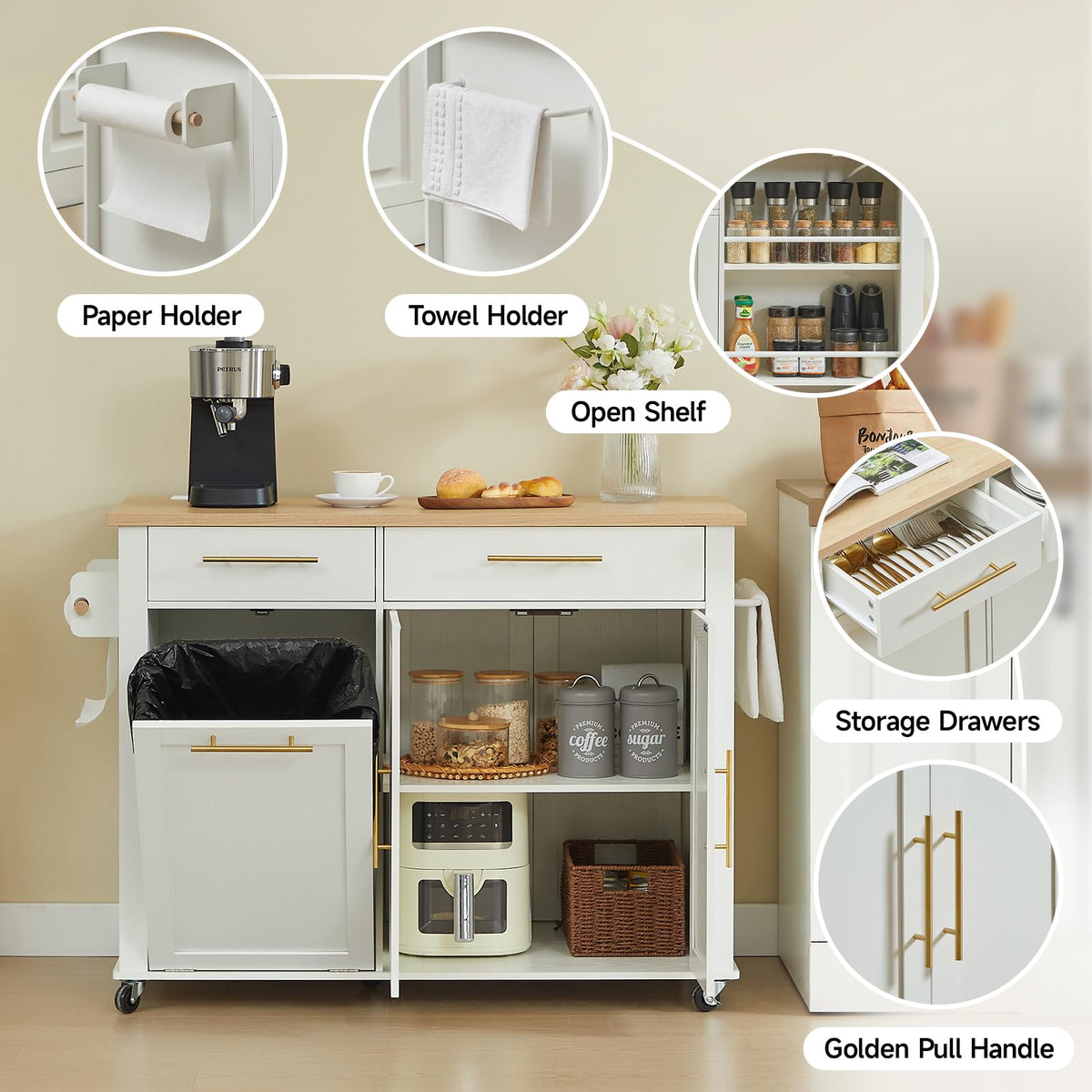 White Kitchen Island Cart with Power Outlet