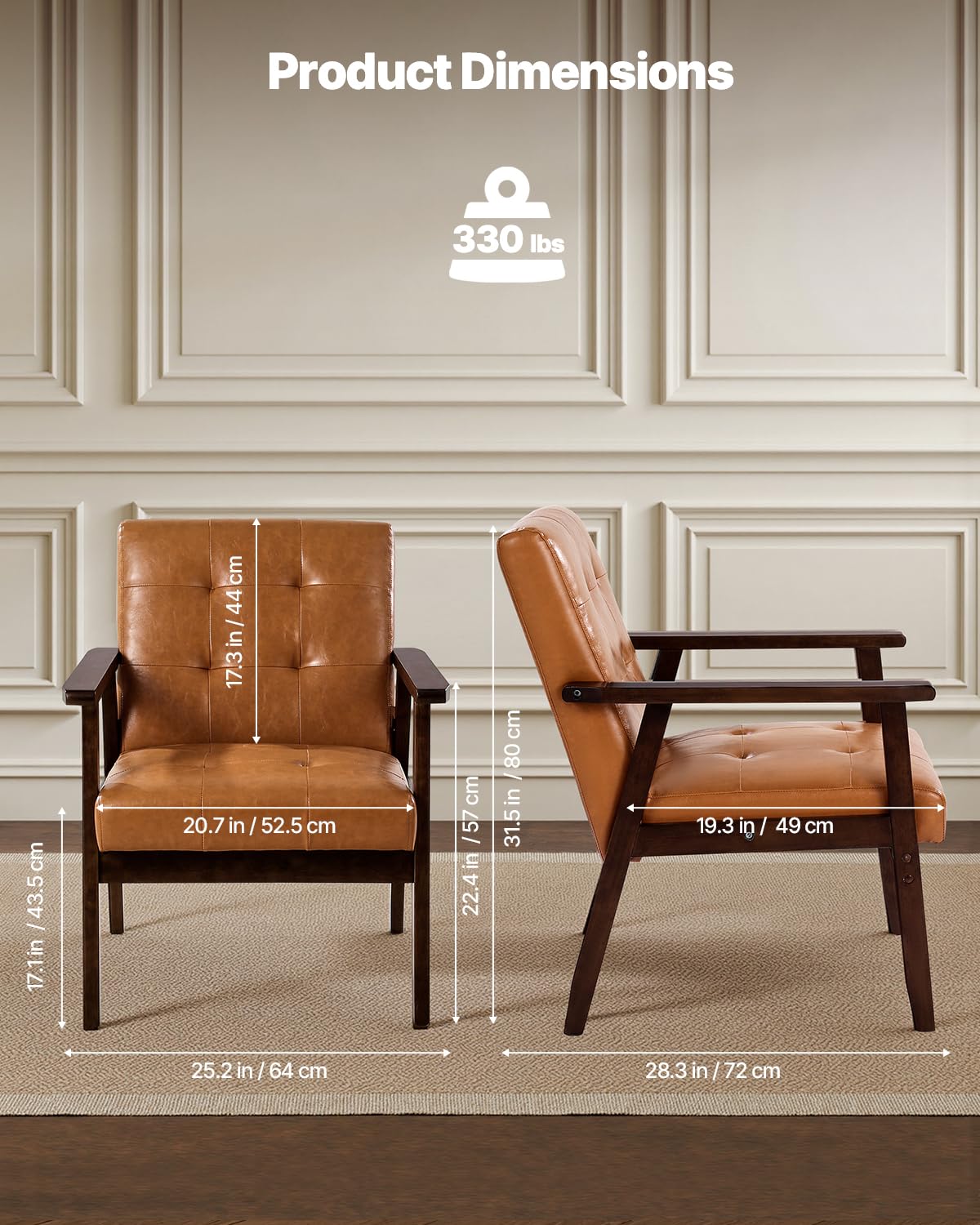VEVOR Accent Chair, Mid Century Modern Armchair with Solid Wood Frame and Non-Slip Legs, Upholstered Leisure Chair with PU Leather and Soft Cushion, for Living Room, Bedroom, Office