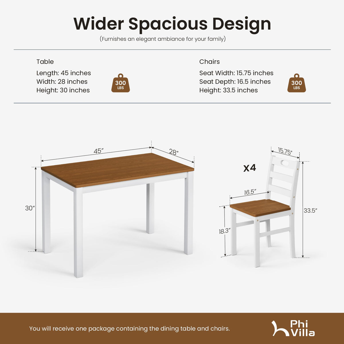PHI VILLA Dining Table Set for 4, Solid Wood Kitchen Table and Chairs