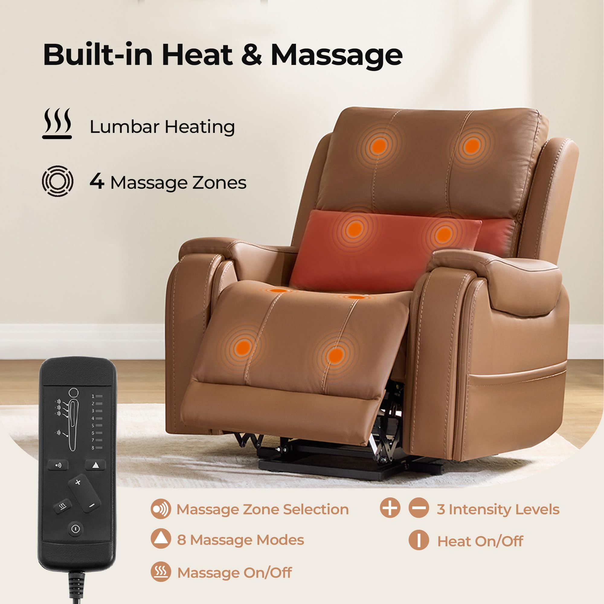 CHITA Power Lift Recliner Chair for Elderly with Heat and Massage, Genuine Leather Electric Lift Chairs with Cup Holder, Removable Lumbar Pillow, 2 Side Pockets, Leather in Saddle
