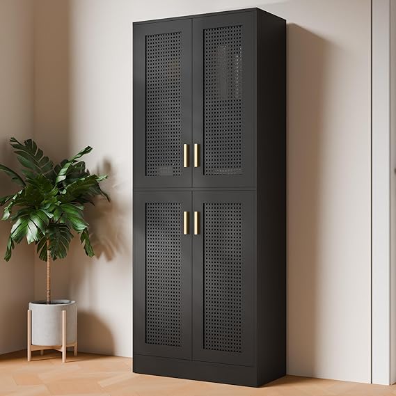 Tall Rattan Door Storage Cabinet with Adjustable Shelves