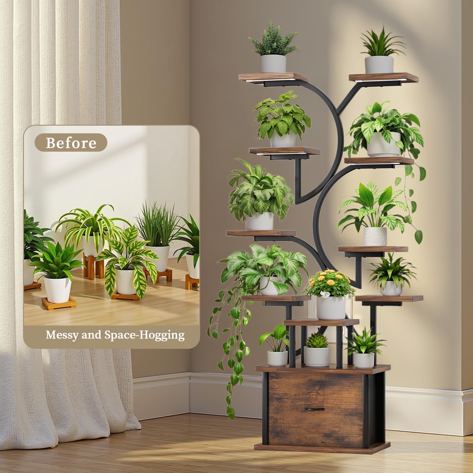 Tiered Plant Stand with Grow Light & Drawer