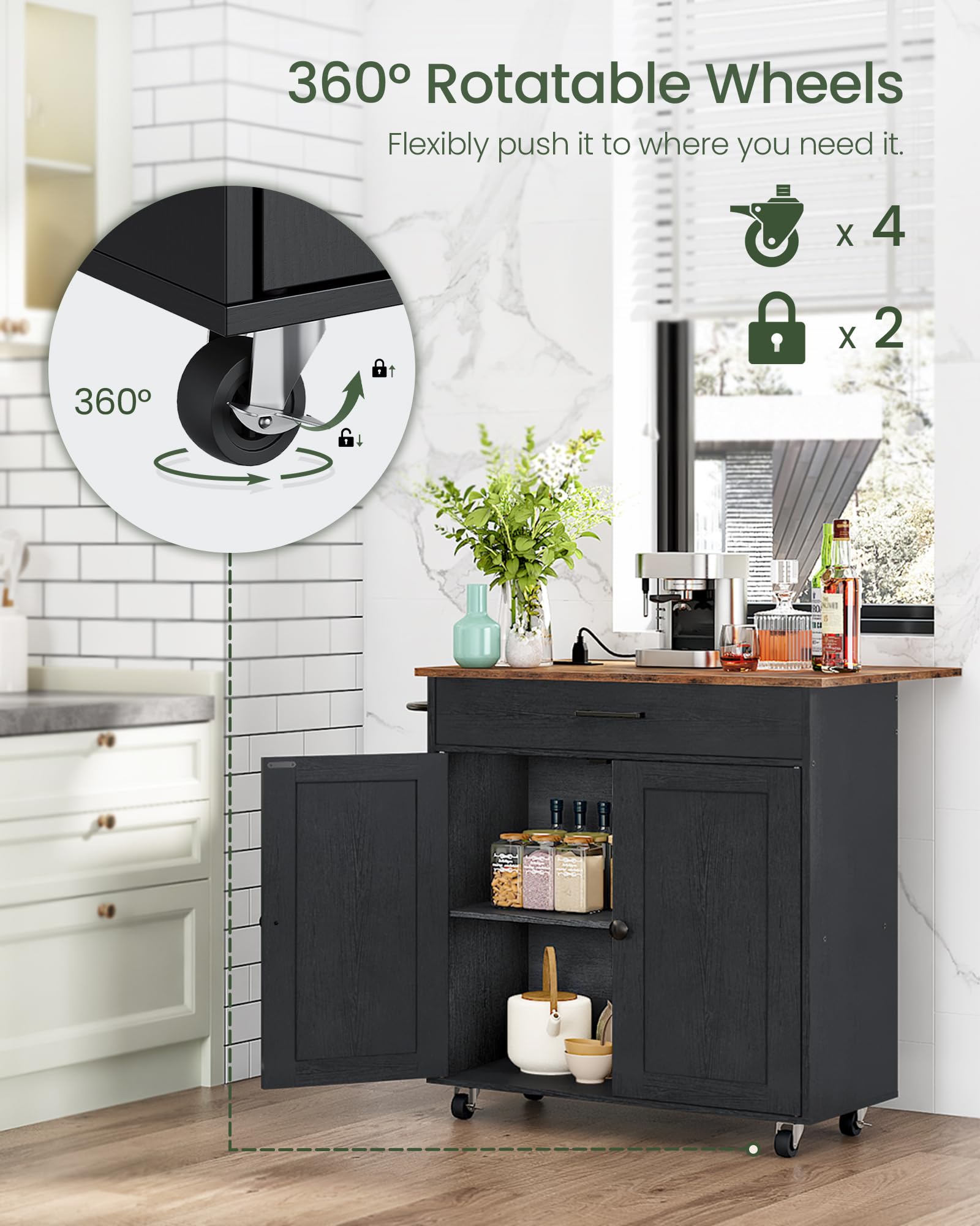 Kitchen Island Cart with Drop Leaf, Power Strip, Cabinet & Drawer
