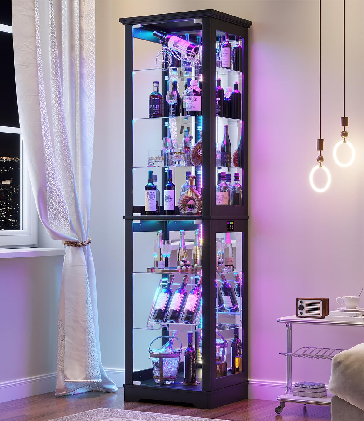 LVSOMT 71“ Tall Bar Cabinet with RGB Lights & Glass Doors, 7-Tier, Black