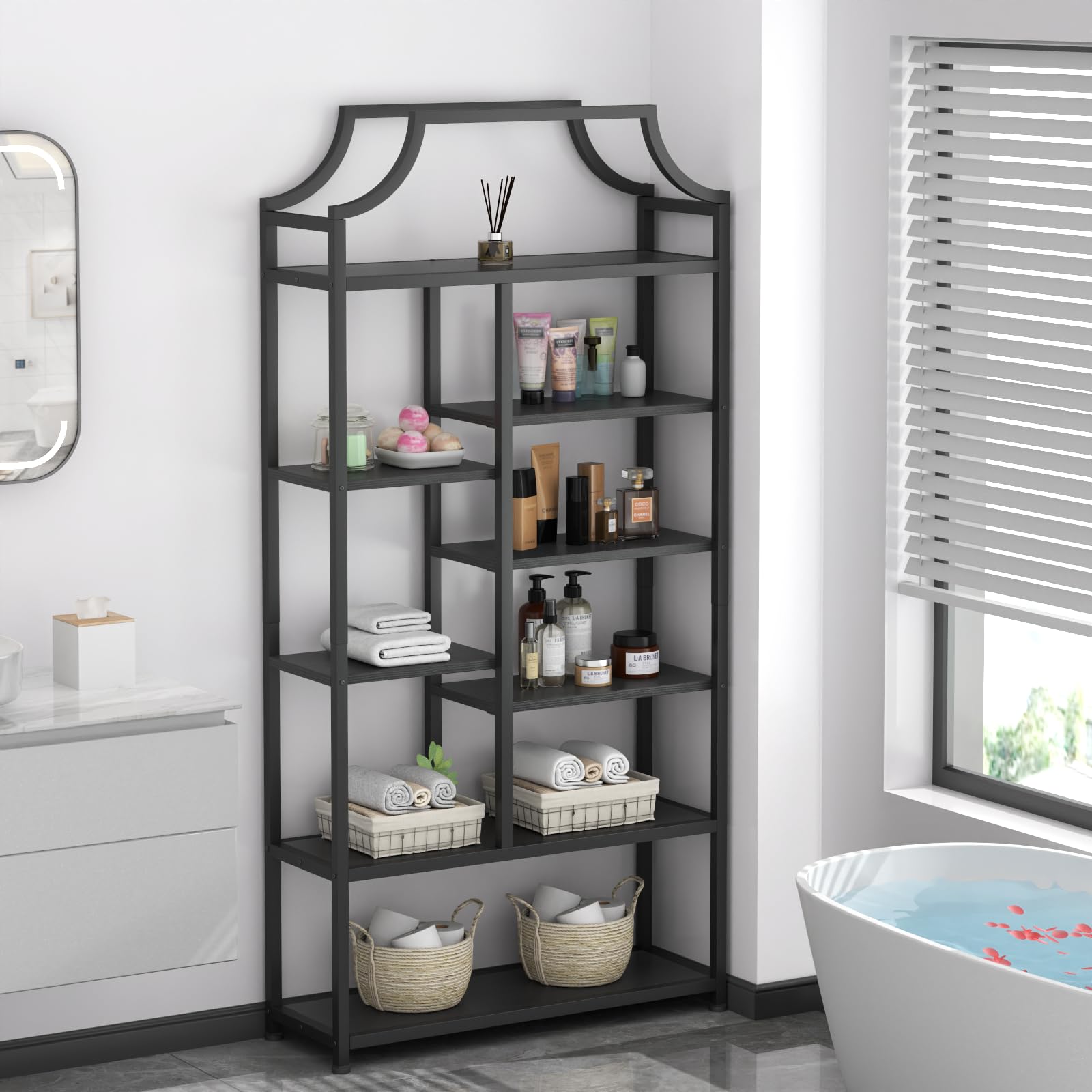 8-Tier Etagere Bookcase – Staggered Open Shelf with Metal Frame