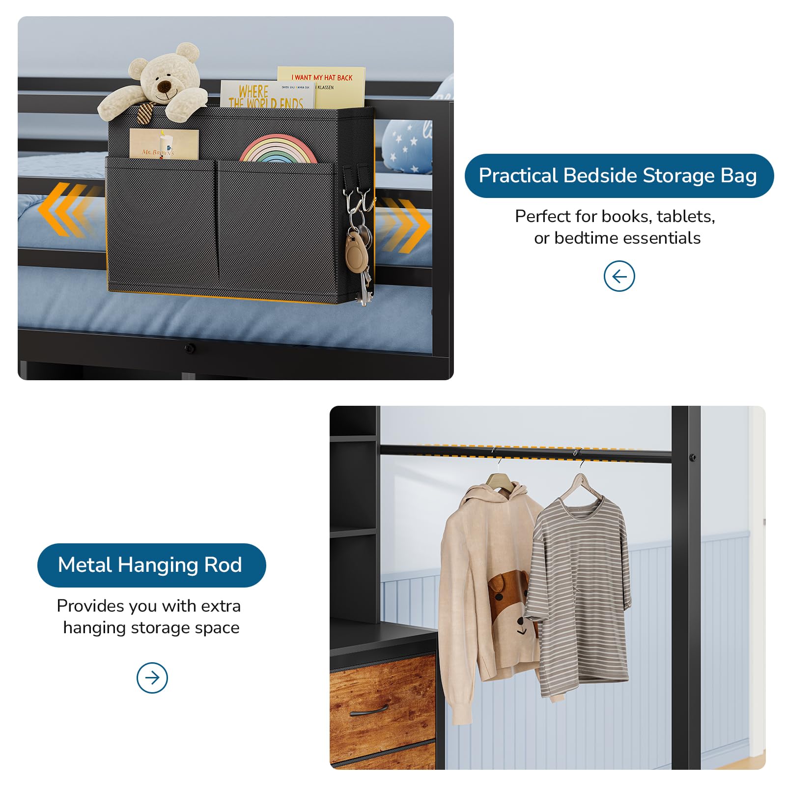 Full Size Loft Bed with L-Shaped Desk & Storage