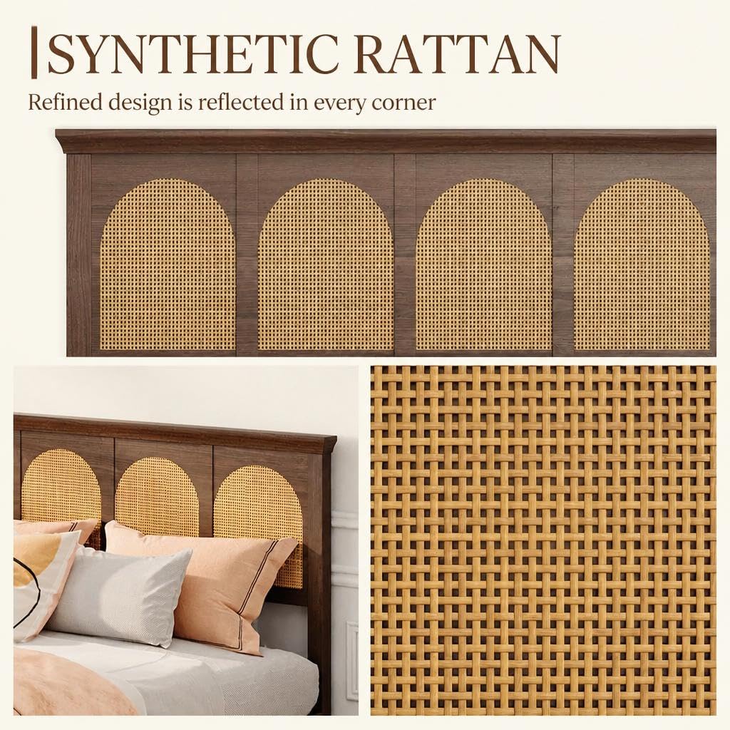 IDEALHOUSE Full Boho Rattan Bed Frame with Headboard and Wooden Platform