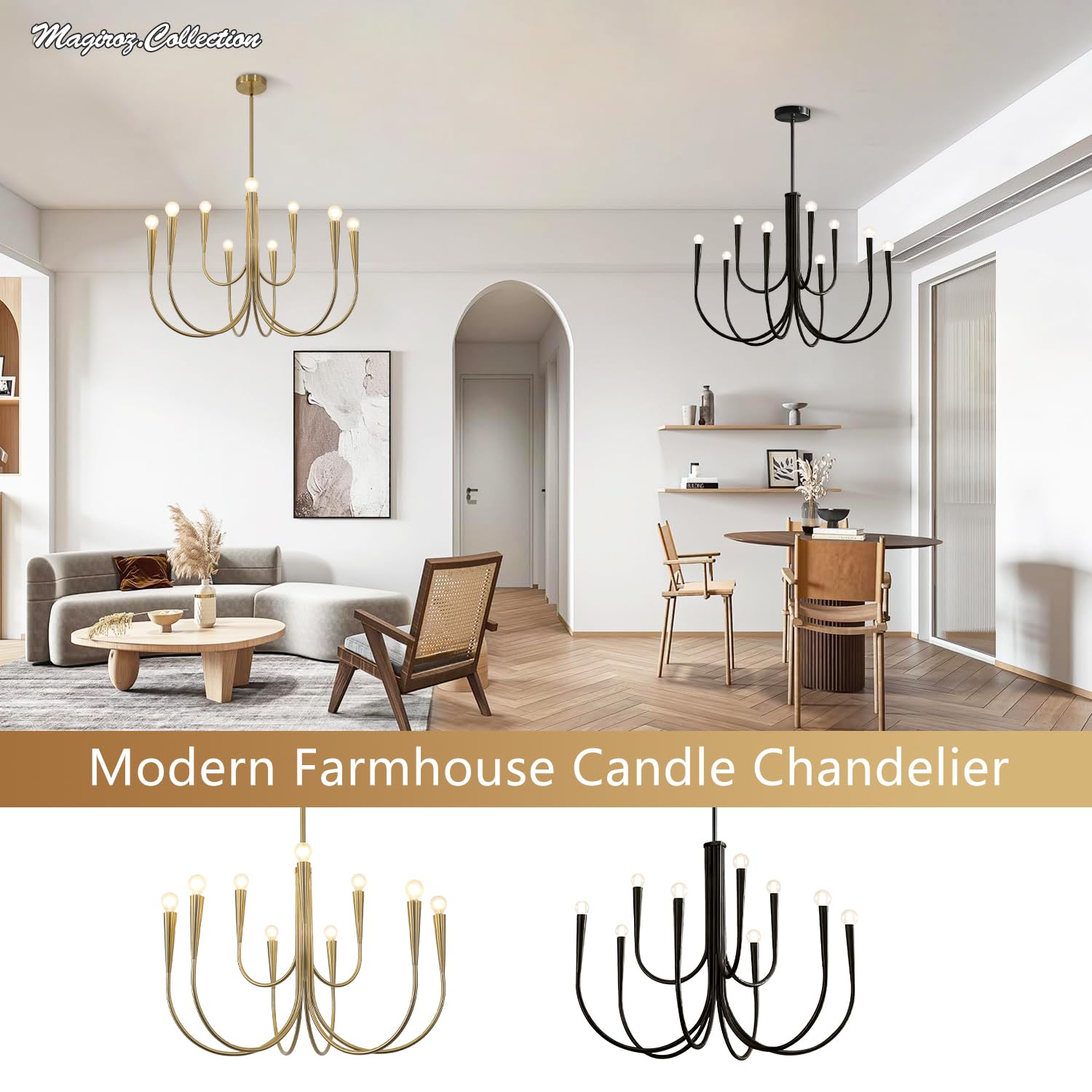 Magiroz 9 Light Modern Farmhouse Gold Candle Chandelier Light Fixtures Large Vintage Brass Metal Candle Pendant Lighting Rustic Industrial Candlestick Chandelier Hanging Dining Room Light MPL26-9 GD