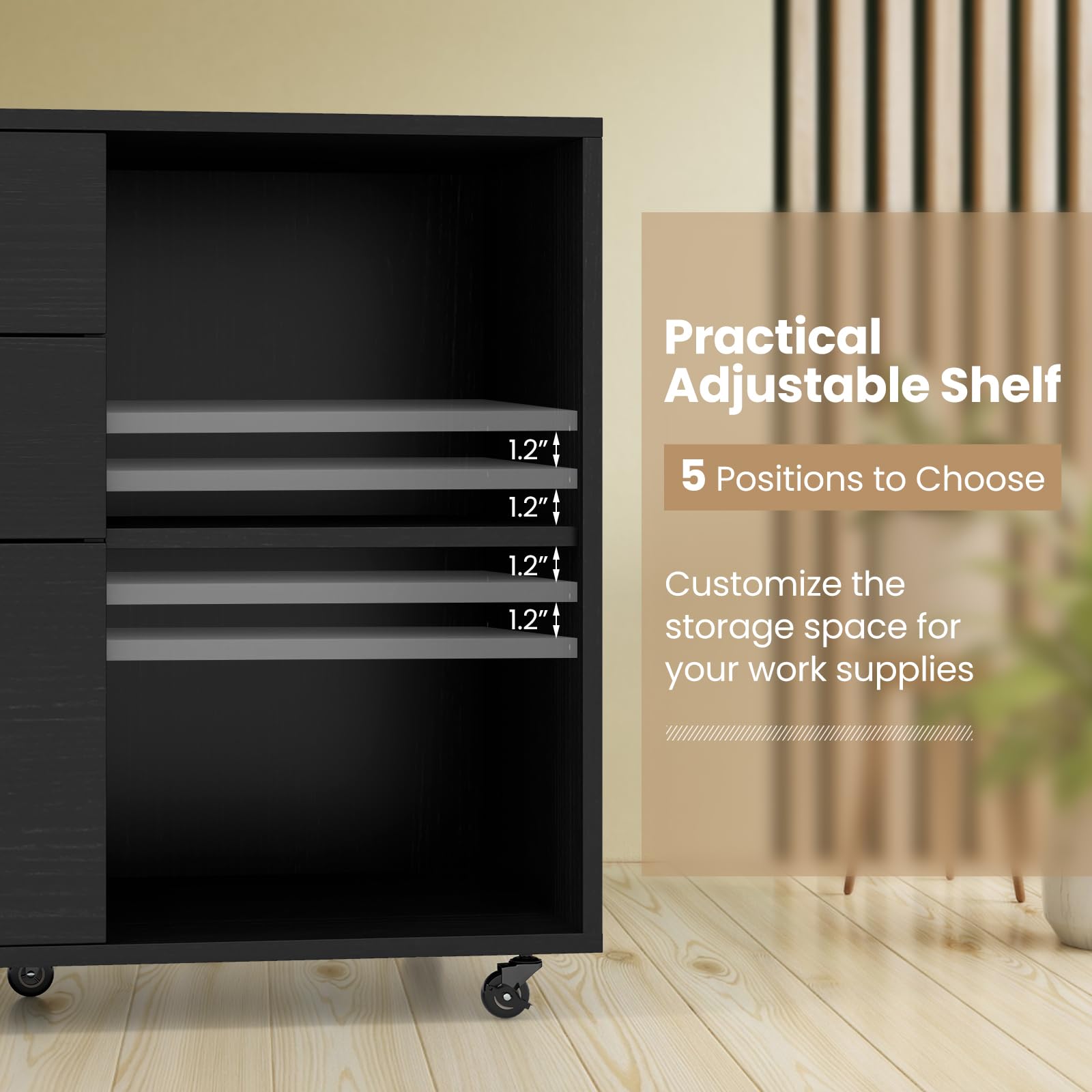 3-Drawer Rolling File Cabinet with Adjustable Shelf