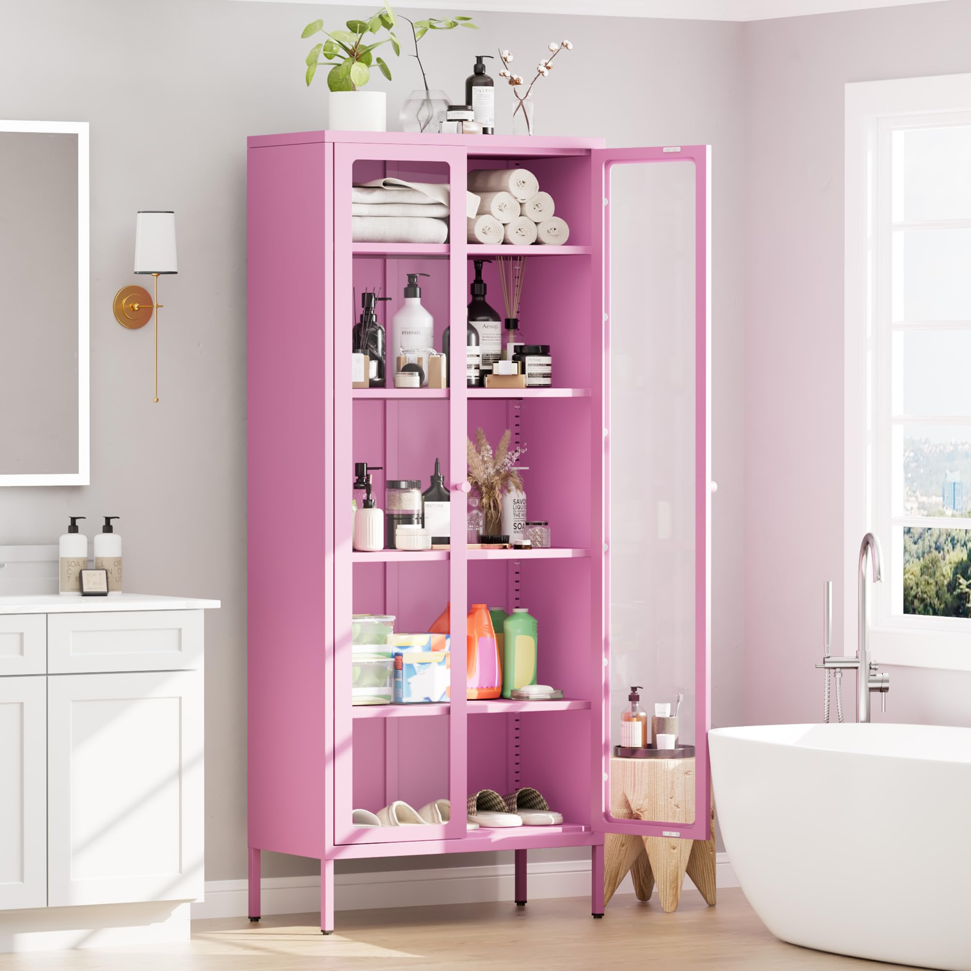 Greenvelly 5-Tier Glass Display Cabinet, Pink Metal Display Cabinet with Glass Doors, 67" Tall Curio Cabinet with Tempered Glass Doors for Home Office, Living Room, Pantry