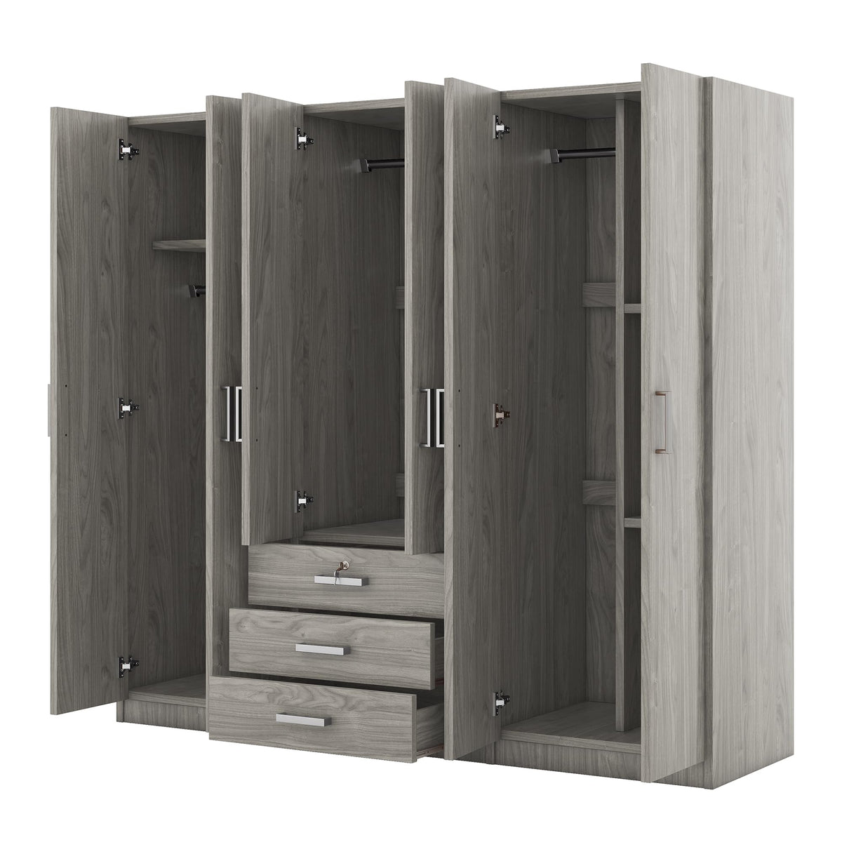 Merax Large 6 Doors Wooden Wardrobe, Bedroom Tall Armoire Closet Organizer with Big Drawers, Hanging Rails and Shelves, Clothes Storage Cabinet for Garage & Laundry Room, Grey