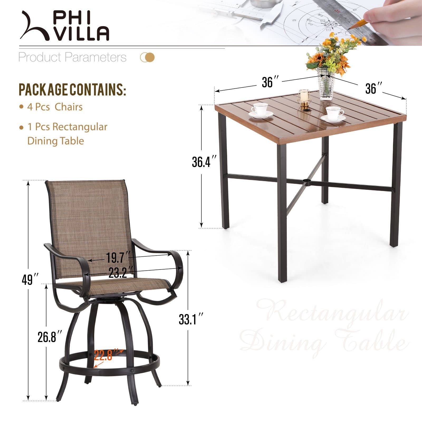 5-Piece Outdoor Patio Bar Set with Swivel Barstools & Square Table